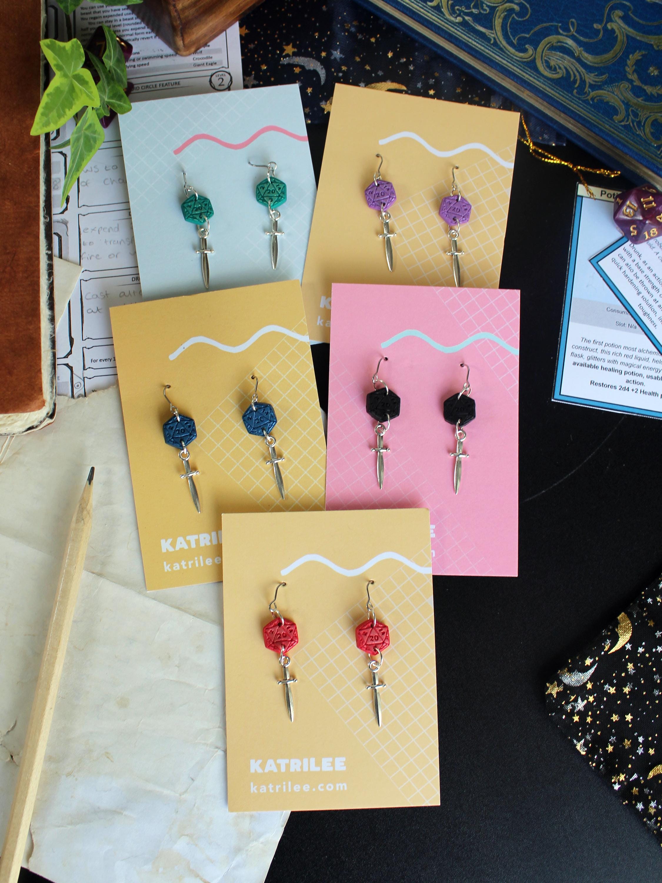 D20 Dice Sword Dangle Earrings, Polymer Clay, Dagger, Role Playing Games, DnD Board Games, Gothic, Fantasy, Dragon Dungeon Master Gifts