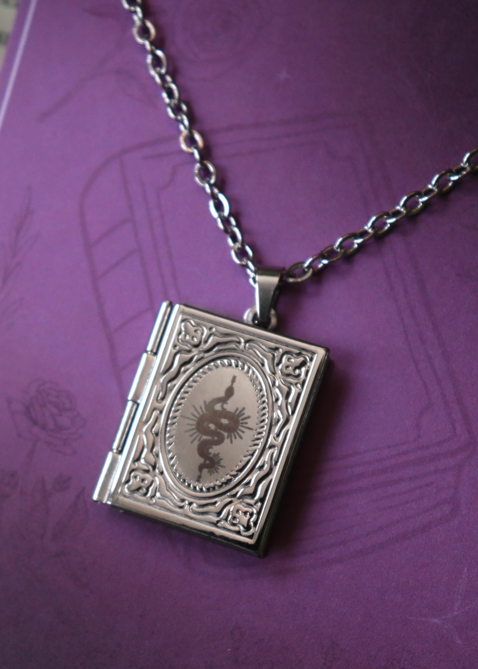 Snake Book Locket necklace, Witchy pendant necklace, silver gold stainless steel, bookish reader gift