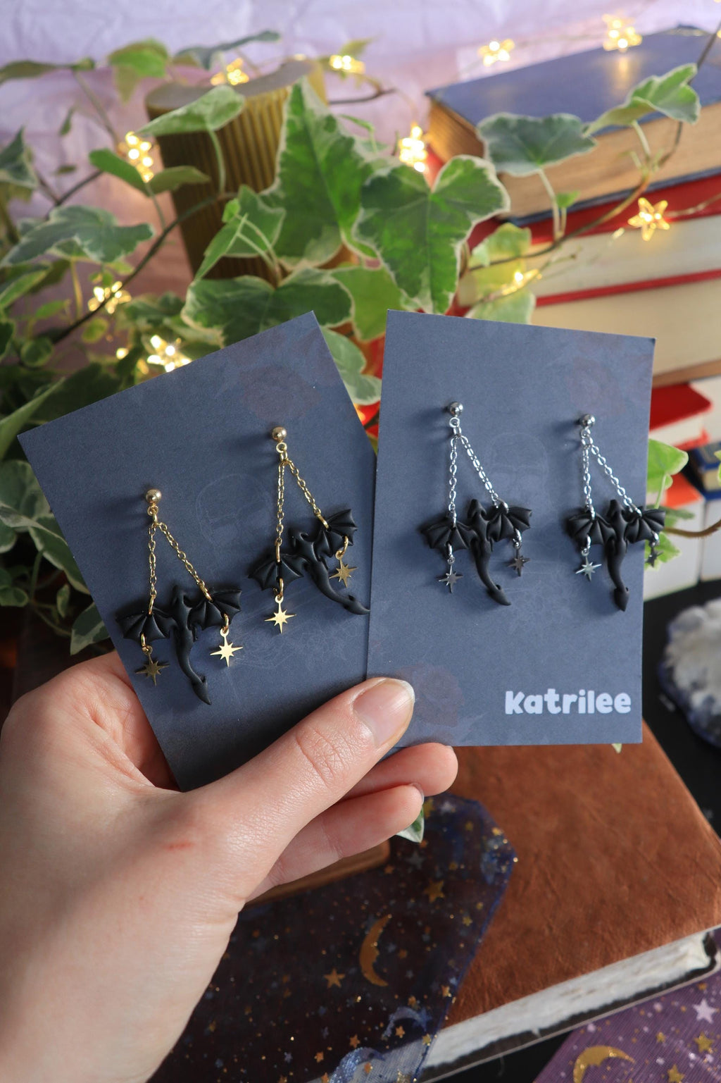 Black Dragon Dangle Earrings, Star and Moon Stainless Steel Studs, Polymer Clay, Wyvern Fantasy Celestial Bookish Gothic Witchy Gift For Her