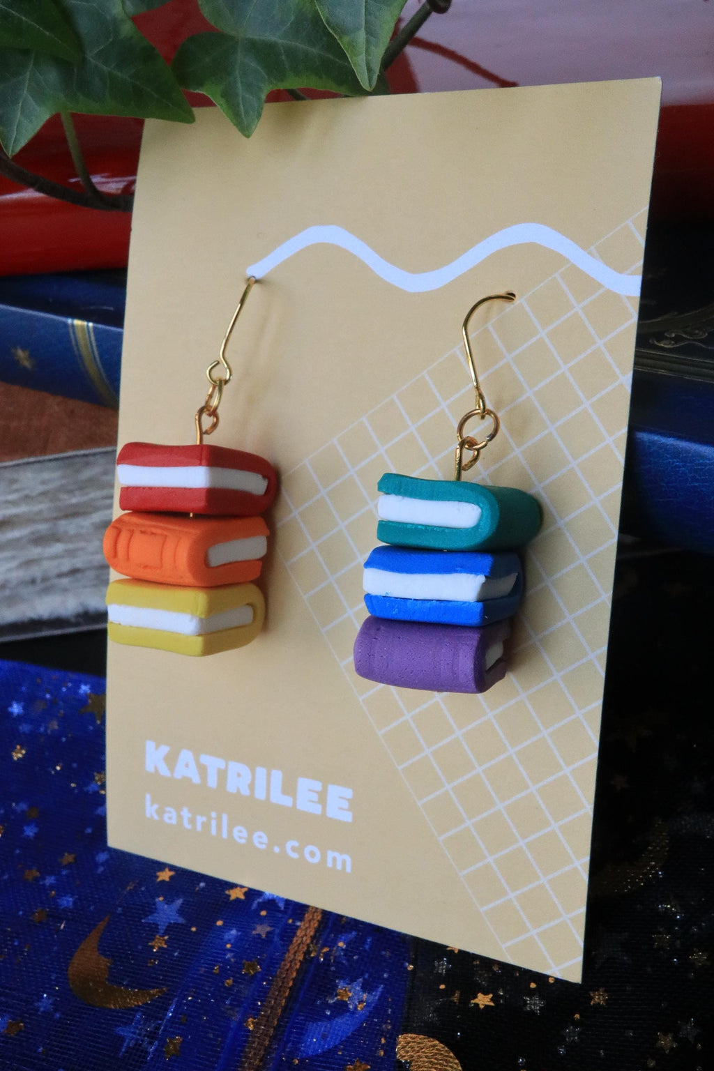 Book Stack Polymer Clay Dangle Earrings, Handmade Rainbow Bookish Earrings, Pastel Black Monochrome Reader Book Lover, Surgical Steel, Pride