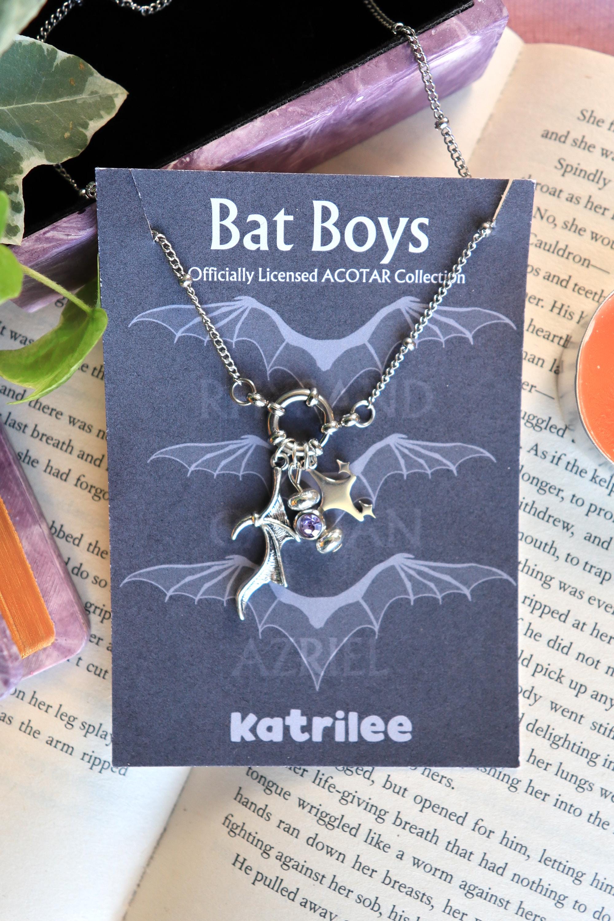 ACOTAR Officially Licenced Bat Boys Charm Necklace, Stainless Steel Pendant Necklace, Crystal Pendant, Azriel Rhysand Cassian, Bookish Merch