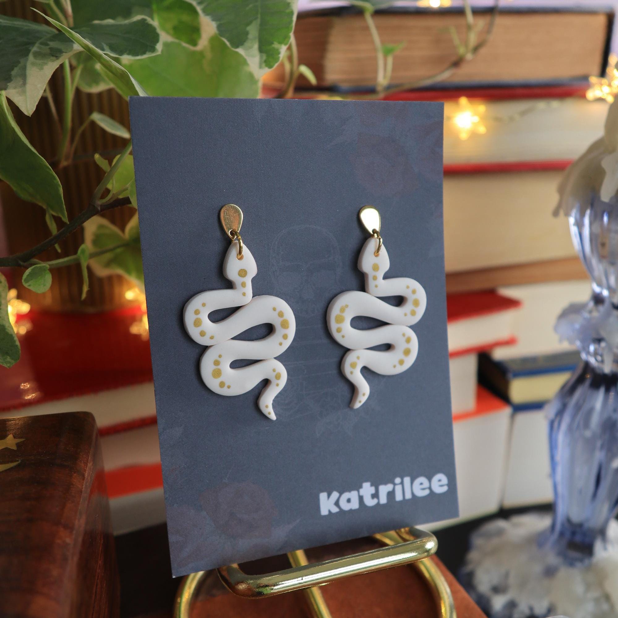 White Snake Earrings, Stainless Steel Gold and Silver, Gothic Witchy Dangle Earrings, Fantasy Bookish Jewellery, Handmade Gift