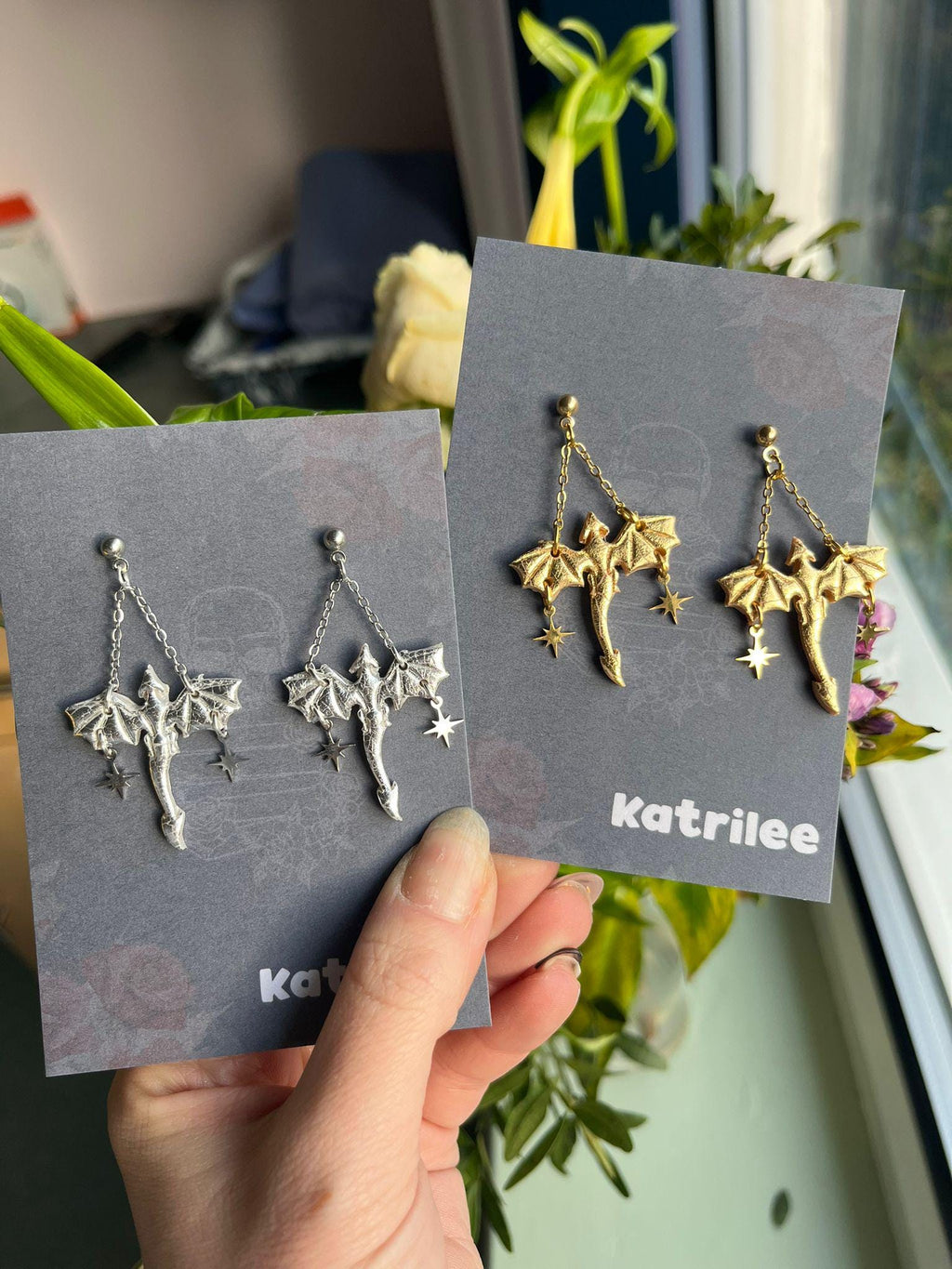 Silver Dragon Dangle Earrings: Stainless Steel Star Moon Studs