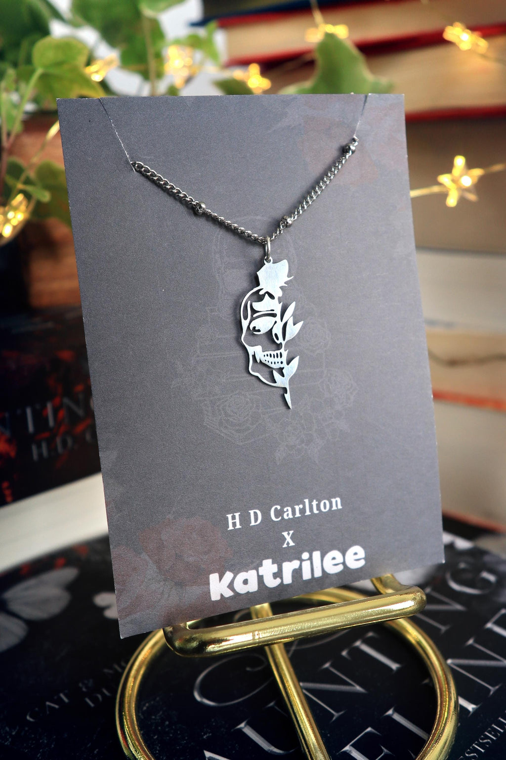 Haunting Adeline Stainless Steel Gold and Silver Skull Rose Necklace, H D Carlton Dark Romance Bookish Merch, Gift For Reader