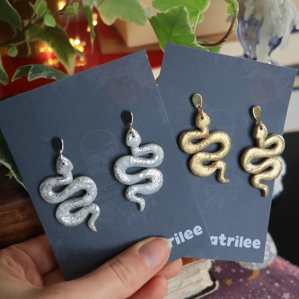 Gold Snake Earrings, Stainless Steel Gold and Silver, Gothic Witchy Dangle Earrings, Fantasy Bookish Jewellery, Handmade Gift
