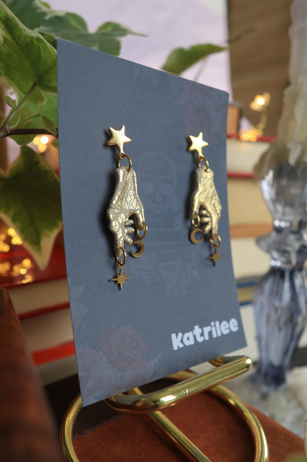 Celestial Hand Dangle Earrings: Gold Moon & Star, Witchy Gothic Jewelry