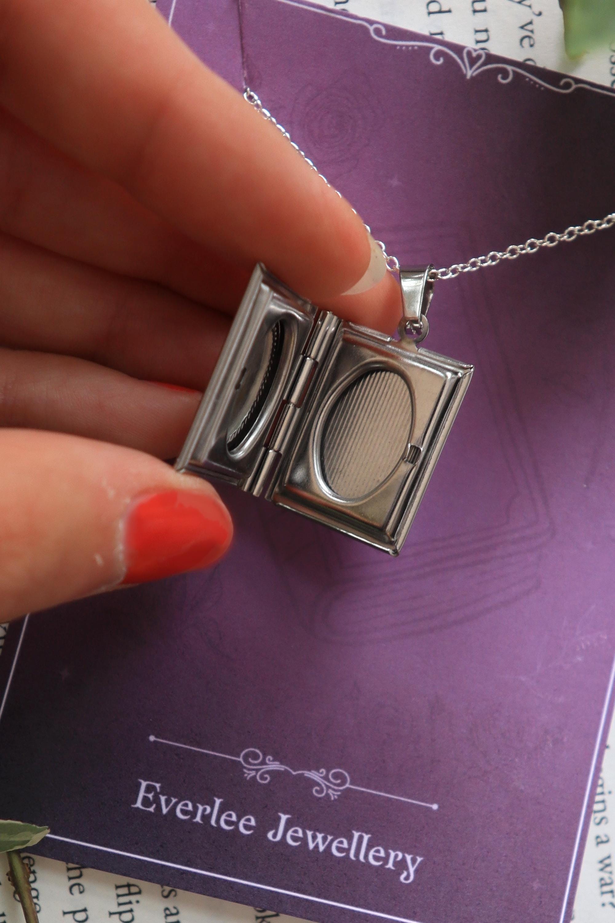 Dragon Book Locket necklace, Wyvern pendant necklace, silver gold stainless steel, bookish reader gift, picture locket DnD Fantasy Jewellery