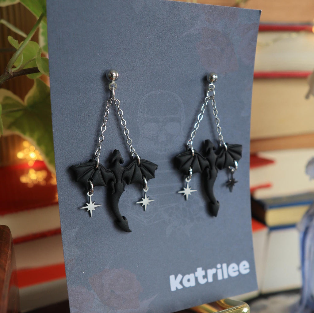 Black Dragon Dangle Earrings, Star and Moon Stainless Steel Studs, Polymer Clay, Wyvern Fantasy Celestial Bookish Gothic Witchy Gift For Her