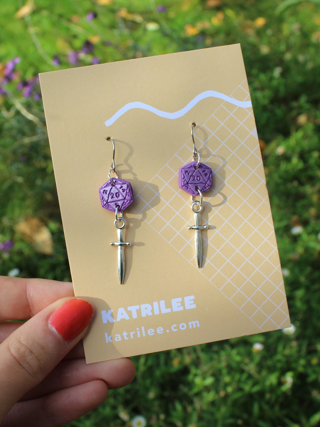 D20 Dice Sword Dangle Earrings, Polymer Clay, Dagger, Role Playing Games, DnD Board Games, Gothic, Fantasy, Dragon Dungeon Master Gifts