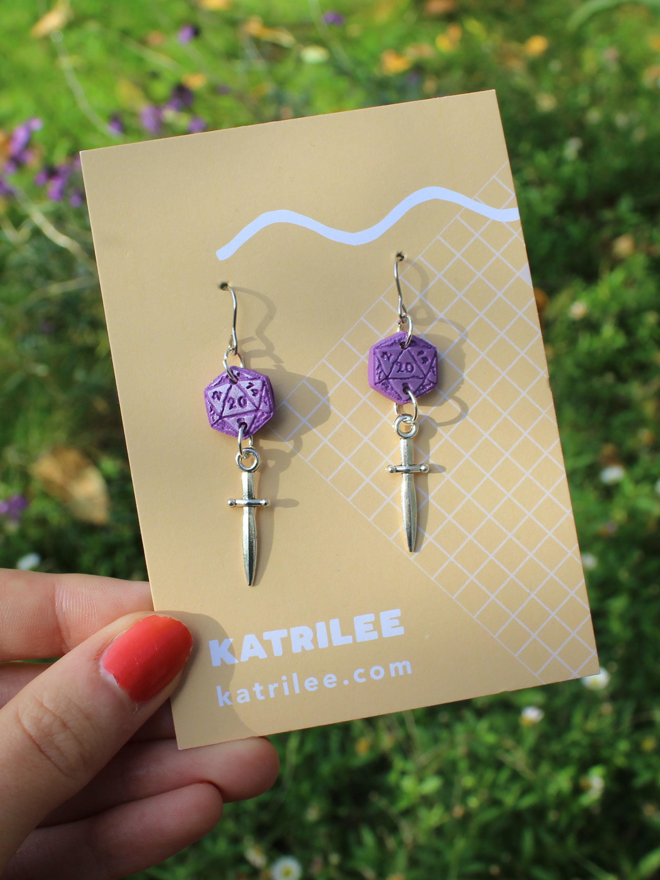 D20 Dice Sword Dangle Earrings, Polymer Clay, Dagger, Role Playing Games, DnD Board Games, Gothic, Fantasy, Dragon Dungeon Master Gifts