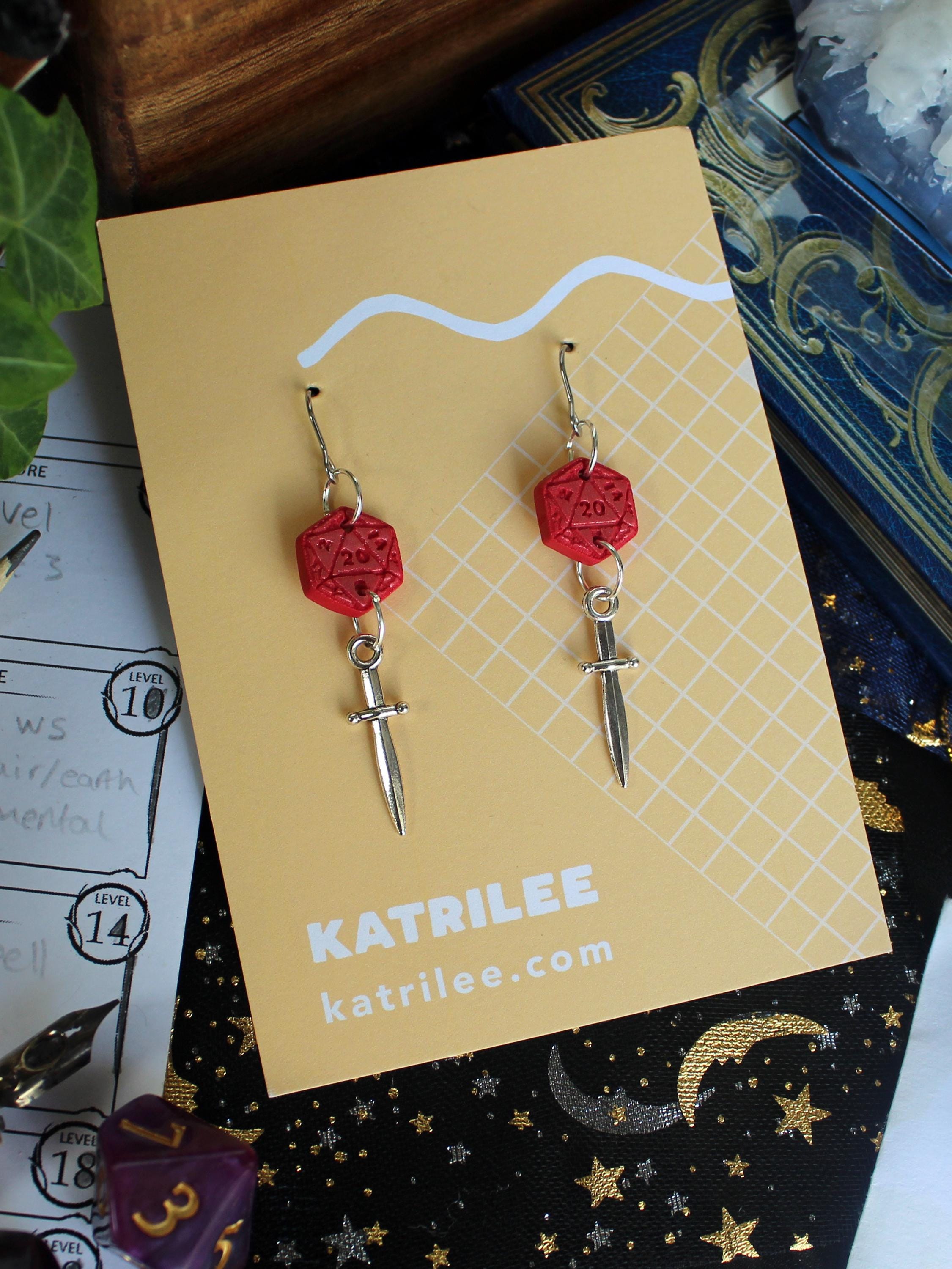 D20 Dice Sword Dangle Earrings, Polymer Clay, Dagger, Role Playing Games, DnD Board Games, Gothic, Fantasy, Dragon Dungeon Master Gifts