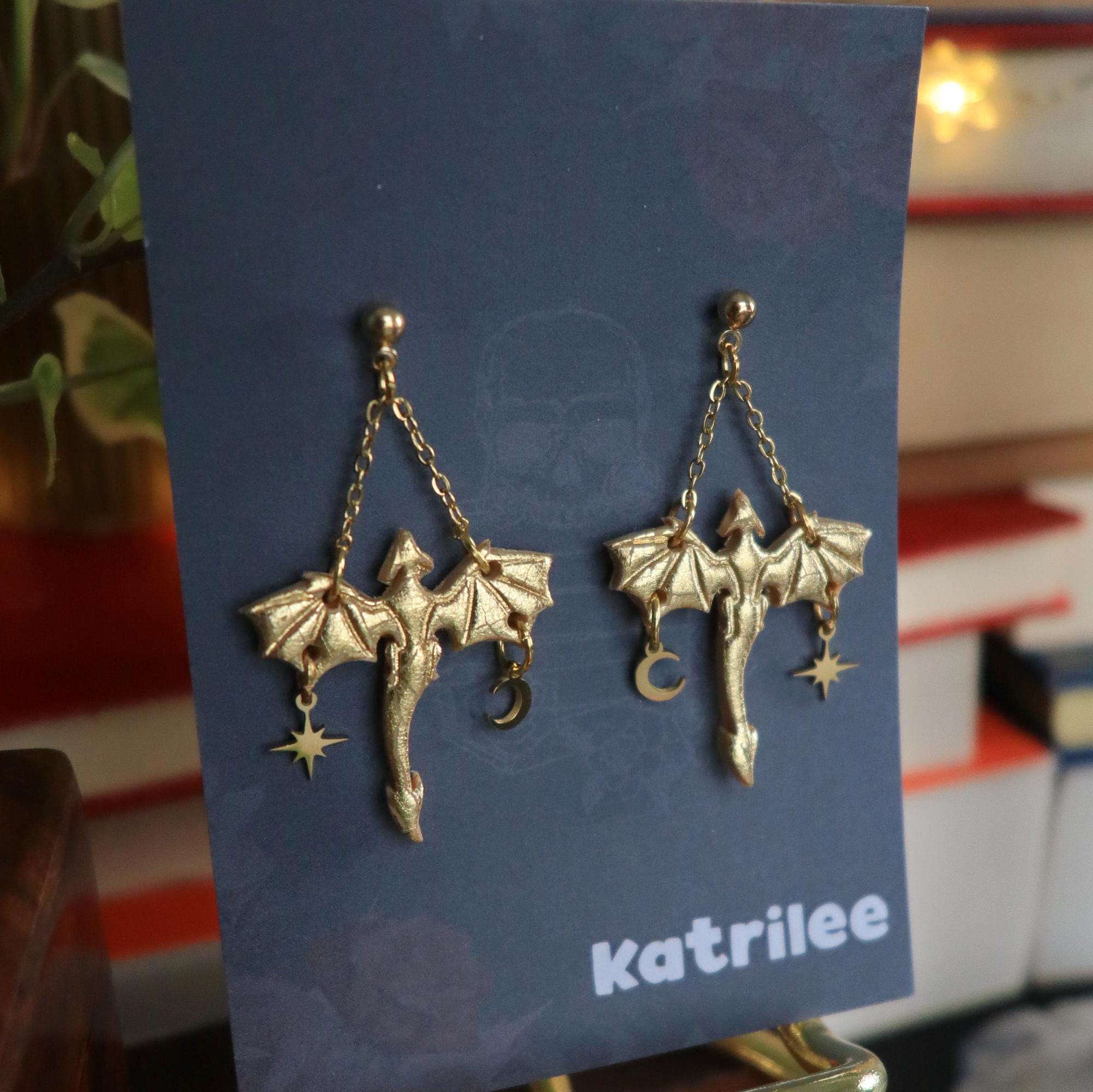 Gold Dragon Dangle Earrings: Stainless Steel Star Moon Studs, Gothic Fantasy Jewelry