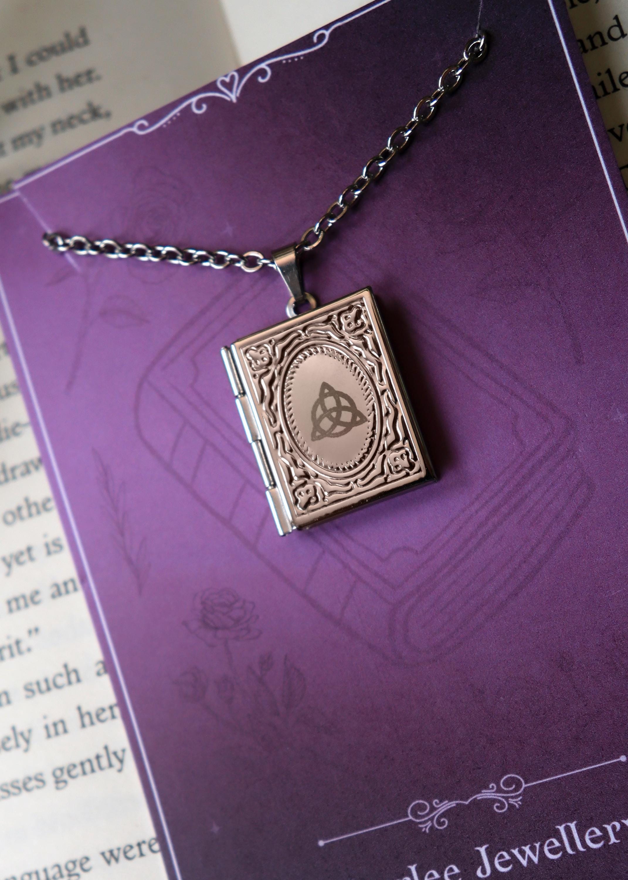 Celtic Knot Book Locket necklace, Trinity Know pendant necklace, silver gold stainless steel, Witchy Triquetra Jewellery
