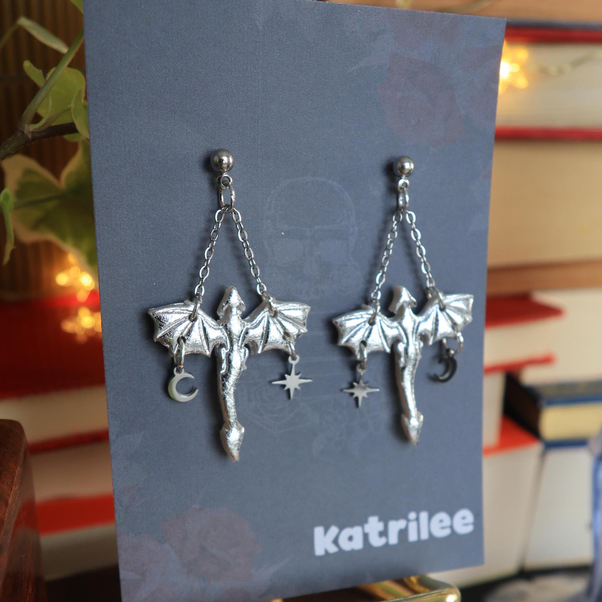 Silver Dragon Dangle Earrings: Stainless Steel Star Moon Studs