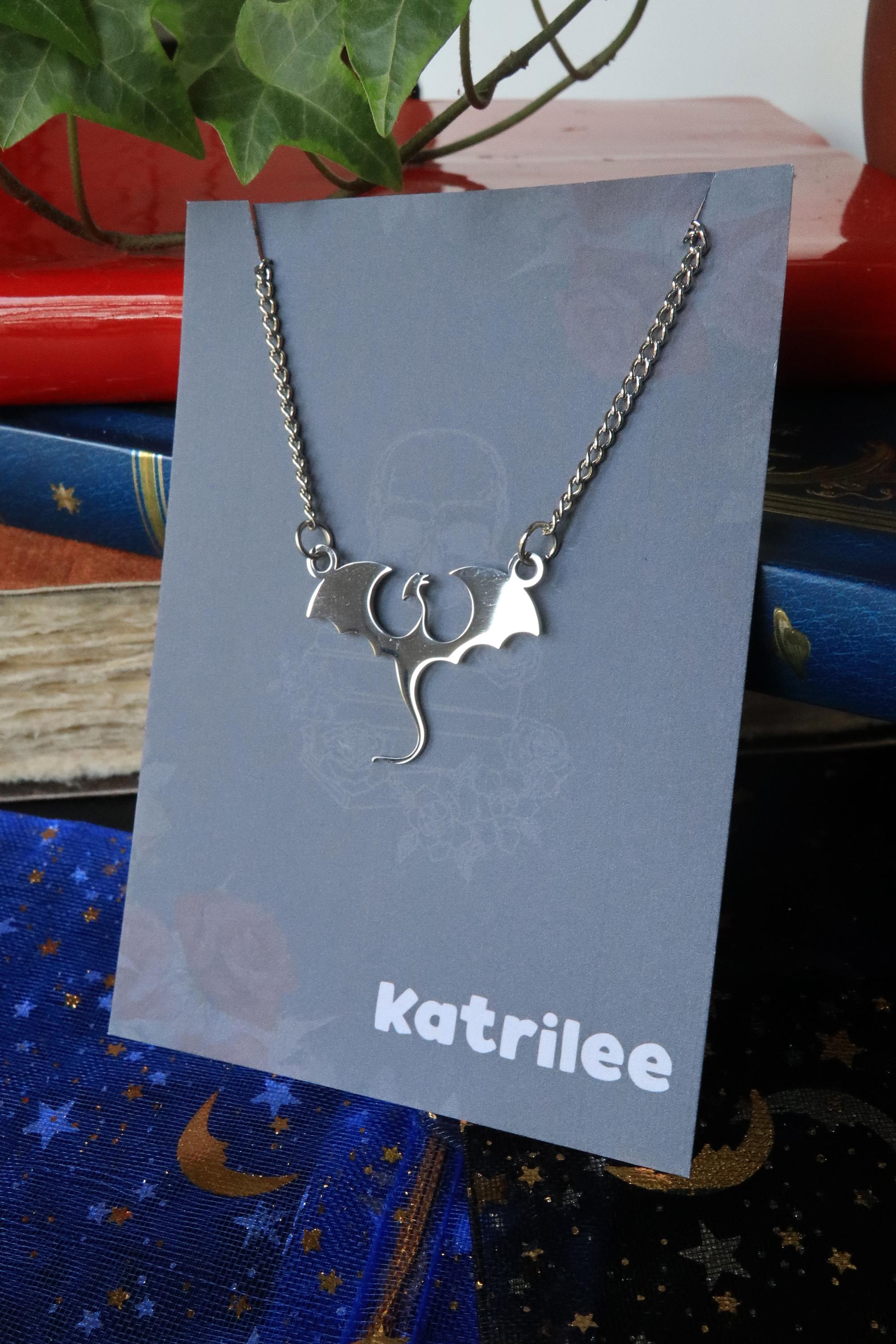 Wyvern Dragon Stainless Steel Necklace, bookish Dungeons and Dragons, fantasy gift book merch silver and gold geek gift for her book merch