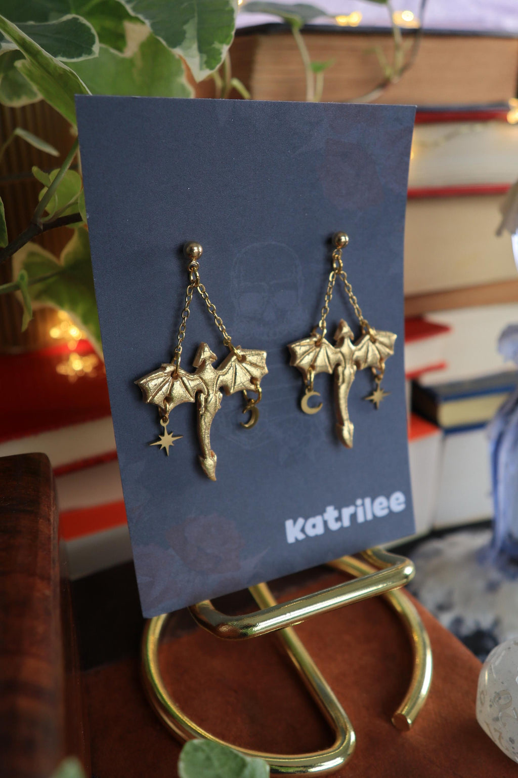 Gold Dragon Dangle Earrings: Stainless Steel Star Moon Studs, Gothic Fantasy Jewelry