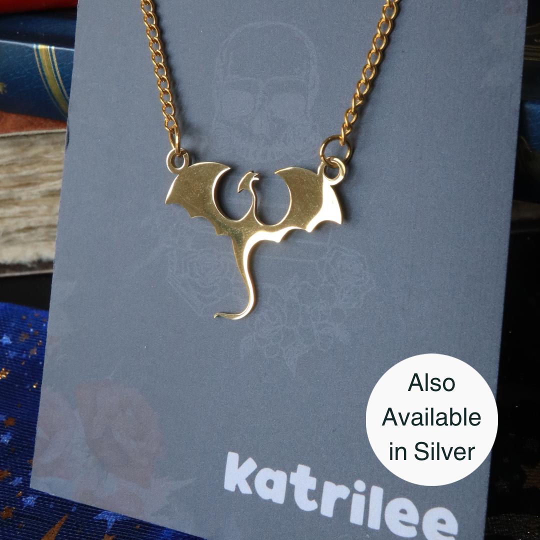 Wyvern Dragon Stainless Steel Necklace, bookish Dungeons and Dragons, fantasy gift book merch silver and gold geek gift for her book merch