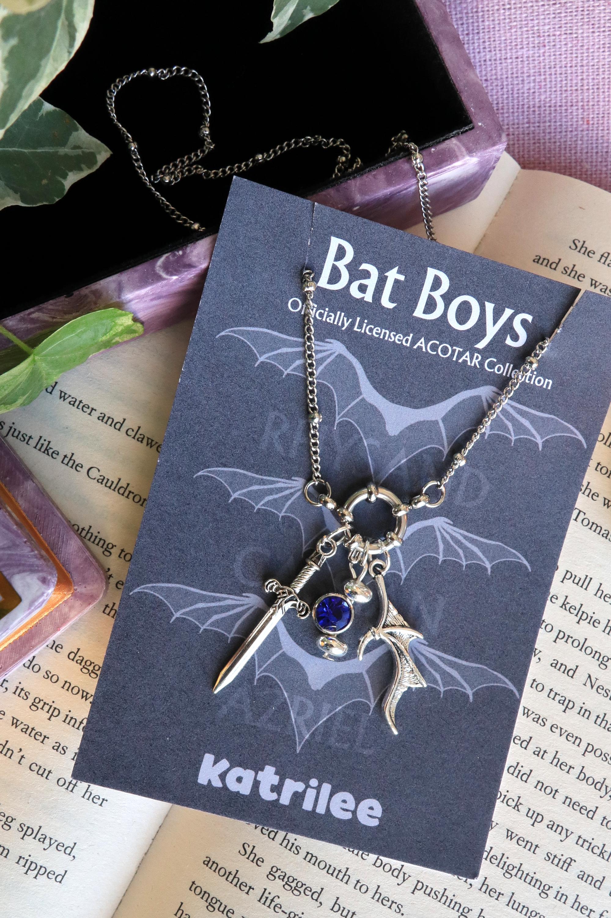 ACOTAR Officially Licenced Bat Boys Charm Necklace, Stainless Steel Pendant Necklace, Crystal Pendant, Azriel Rhysand Cassian, Bookish Merch
