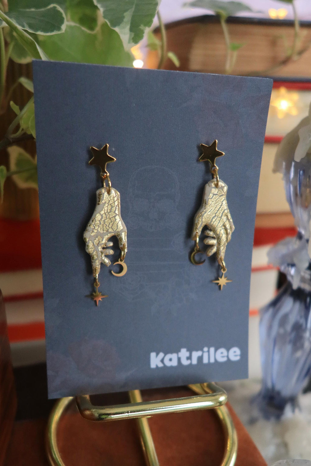 Celestial Hand Dangle Earrings: Gold Moon & Star, Witchy Gothic Jewelry