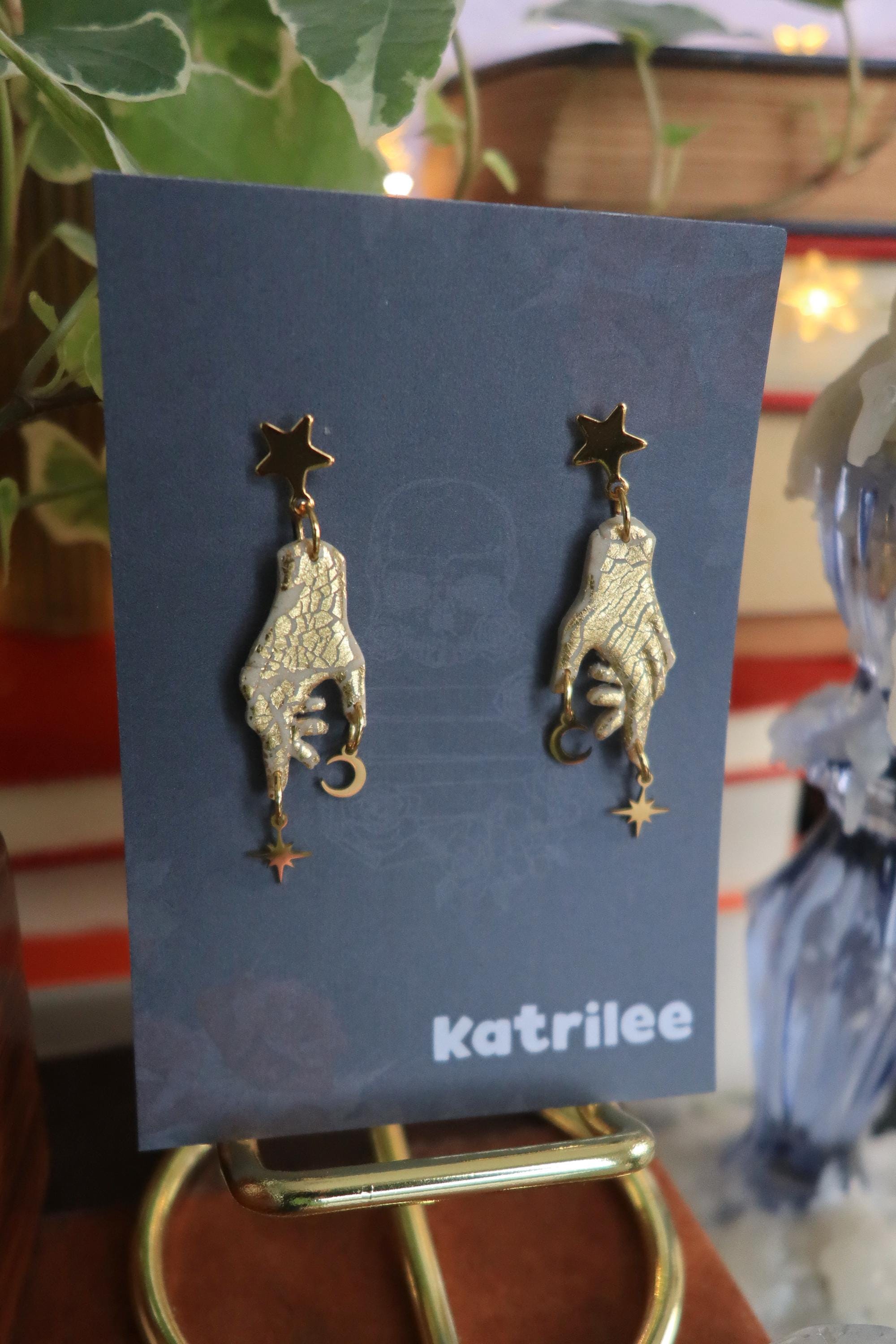 Celestial Hand Dangle Earrings: Gold Moon & Star, Witchy Gothic Jewelry