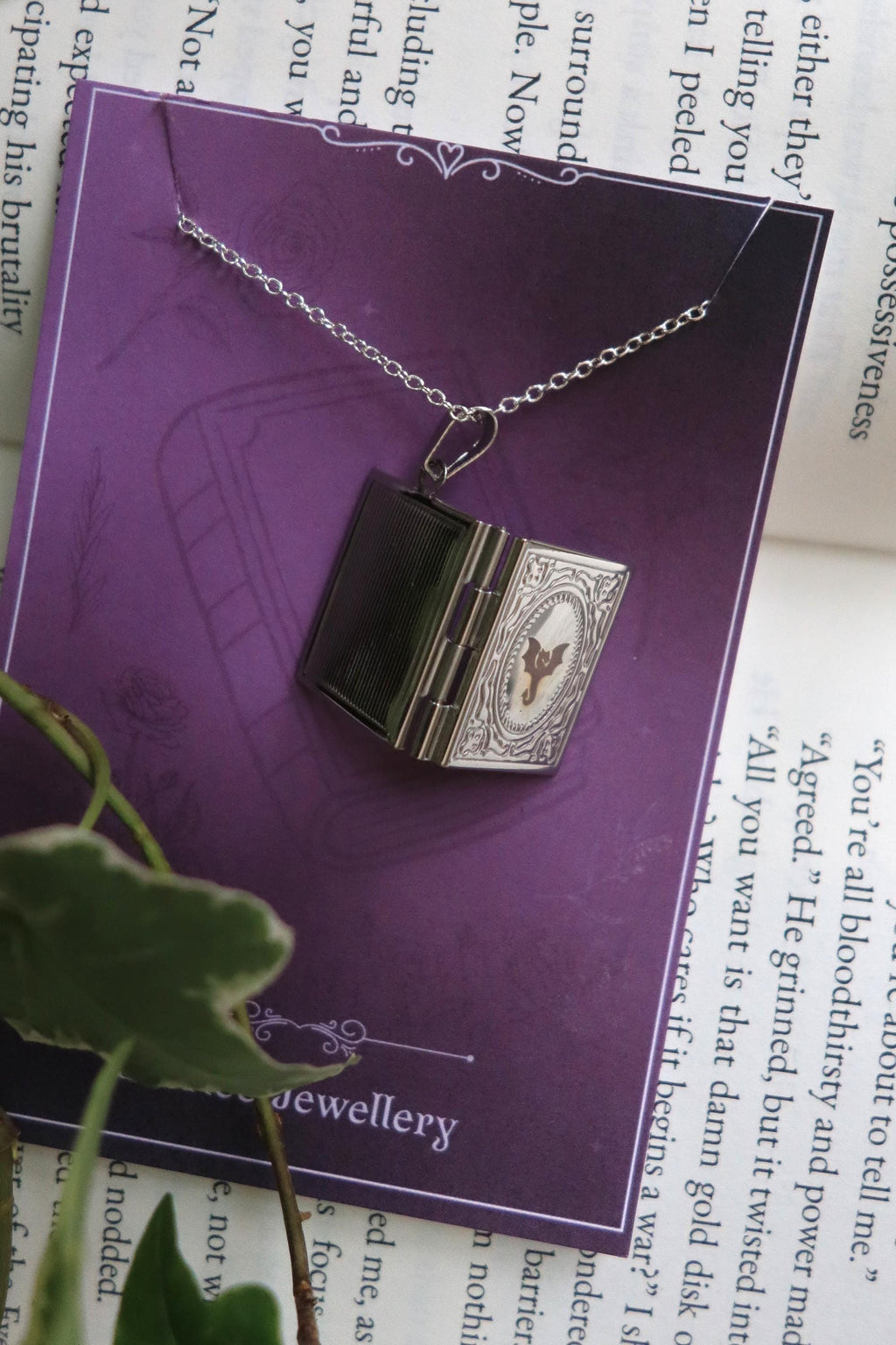 Dragon Book Locket necklace, Wyvern pendant necklace, silver gold stainless steel, bookish reader gift, picture locket DnD Fantasy Jewellery