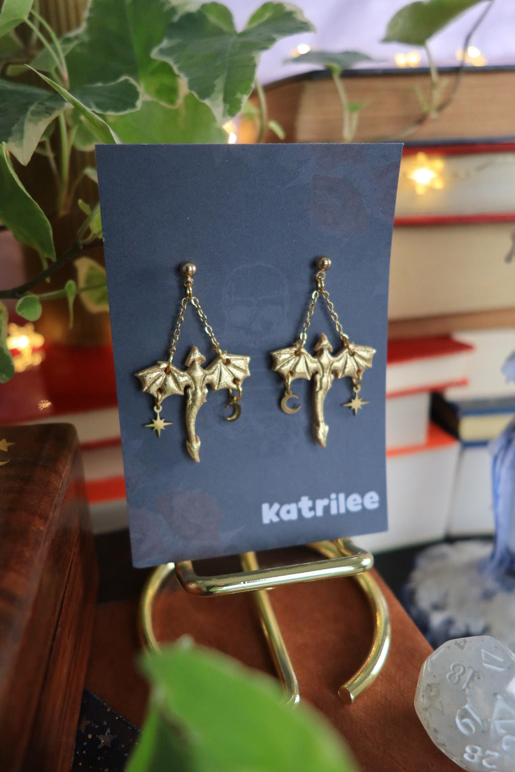 Gold Dragon Dangle Earrings: Stainless Steel Star Moon Studs, Gothic Fantasy Jewelry