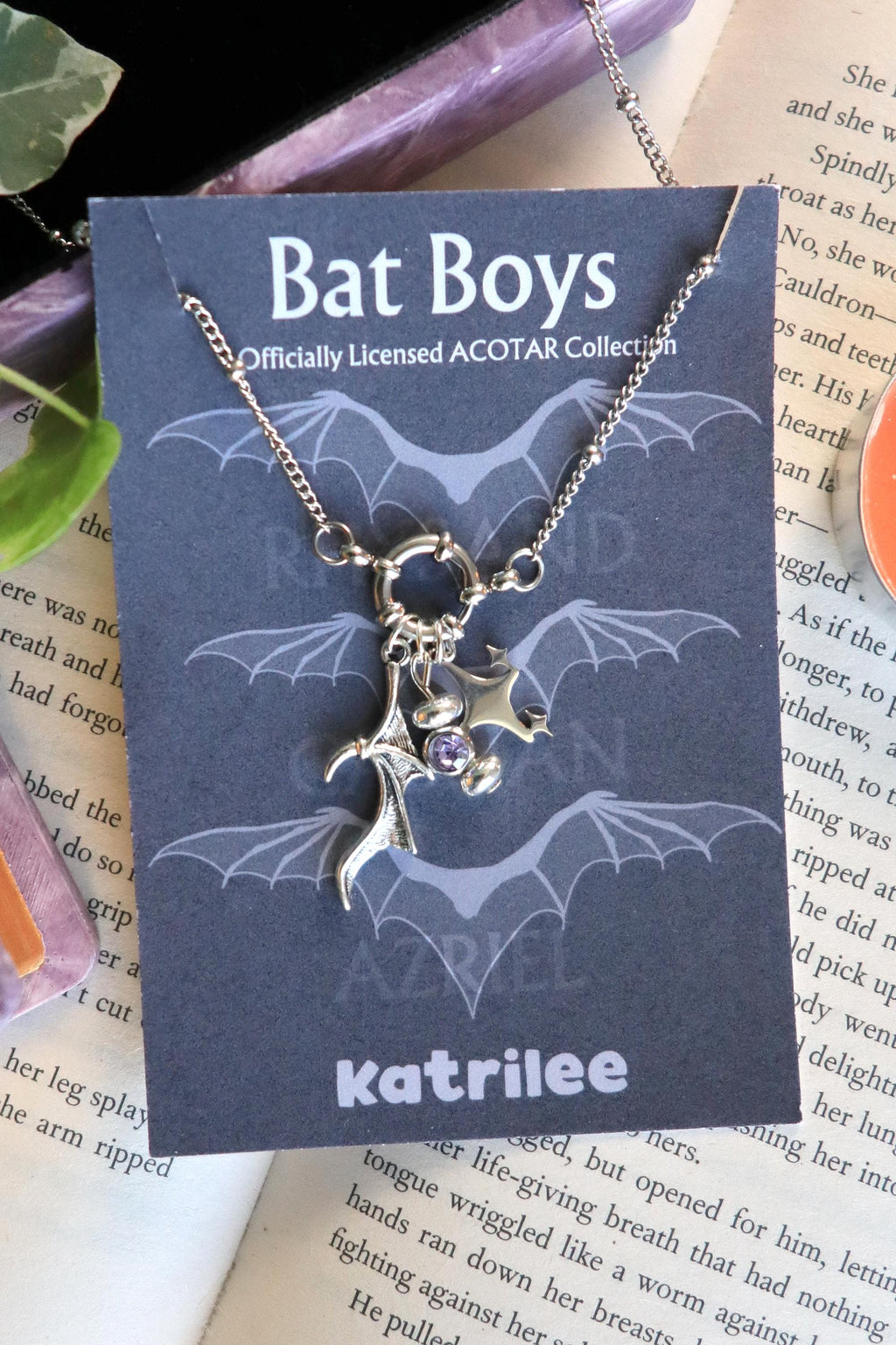 ACOTAR Officially Licenced Bat Boys Charm Necklace, Stainless Steel Pendant Necklace, Crystal Pendant, Azriel Rhysand Cassian, Bookish Merch