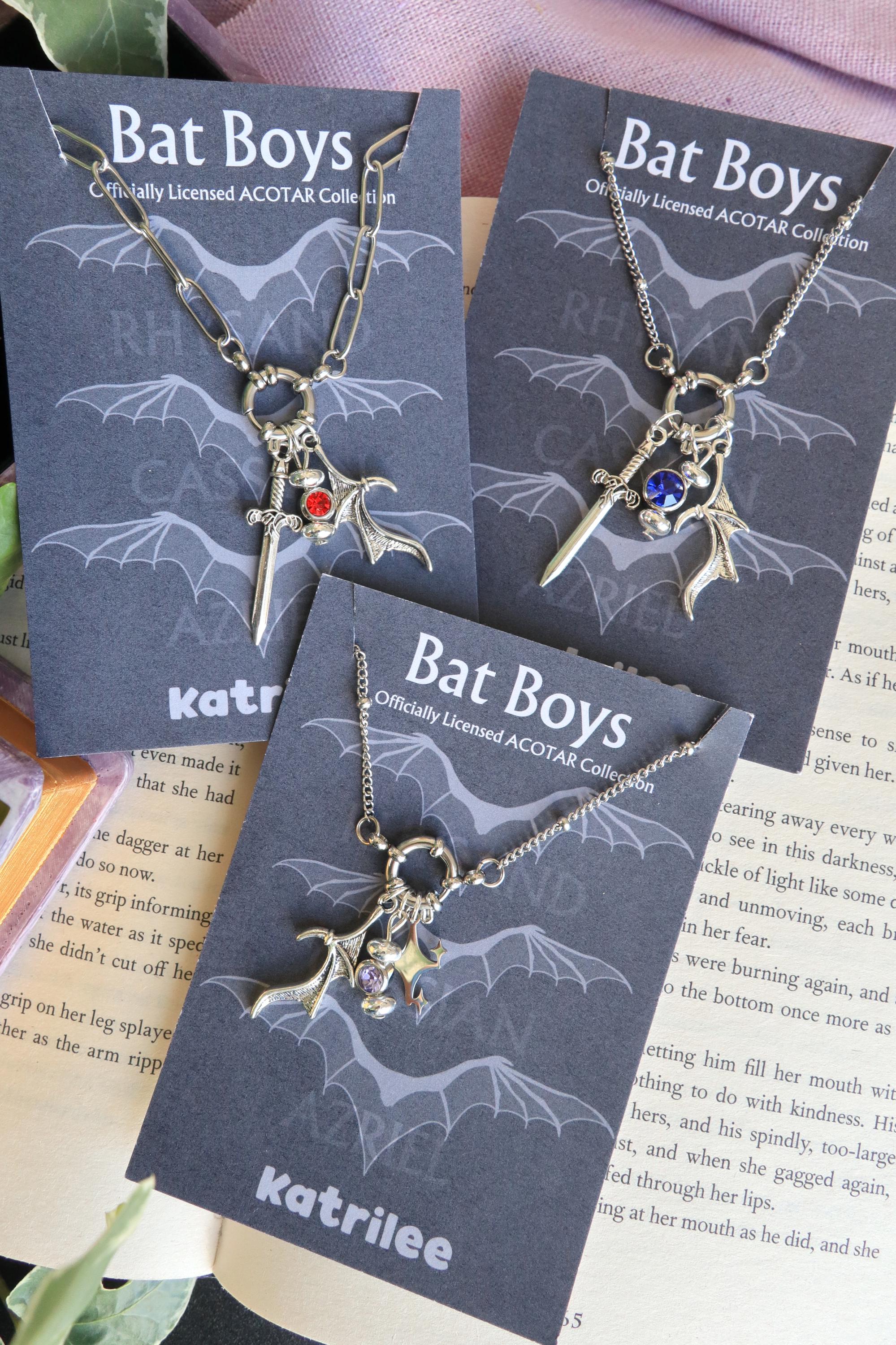 ACOTAR Officially Licenced Bat Boys Charm Necklace, Stainless Steel Pendant Necklace, Crystal Pendant, Azriel Rhysand Cassian, Bookish Merch