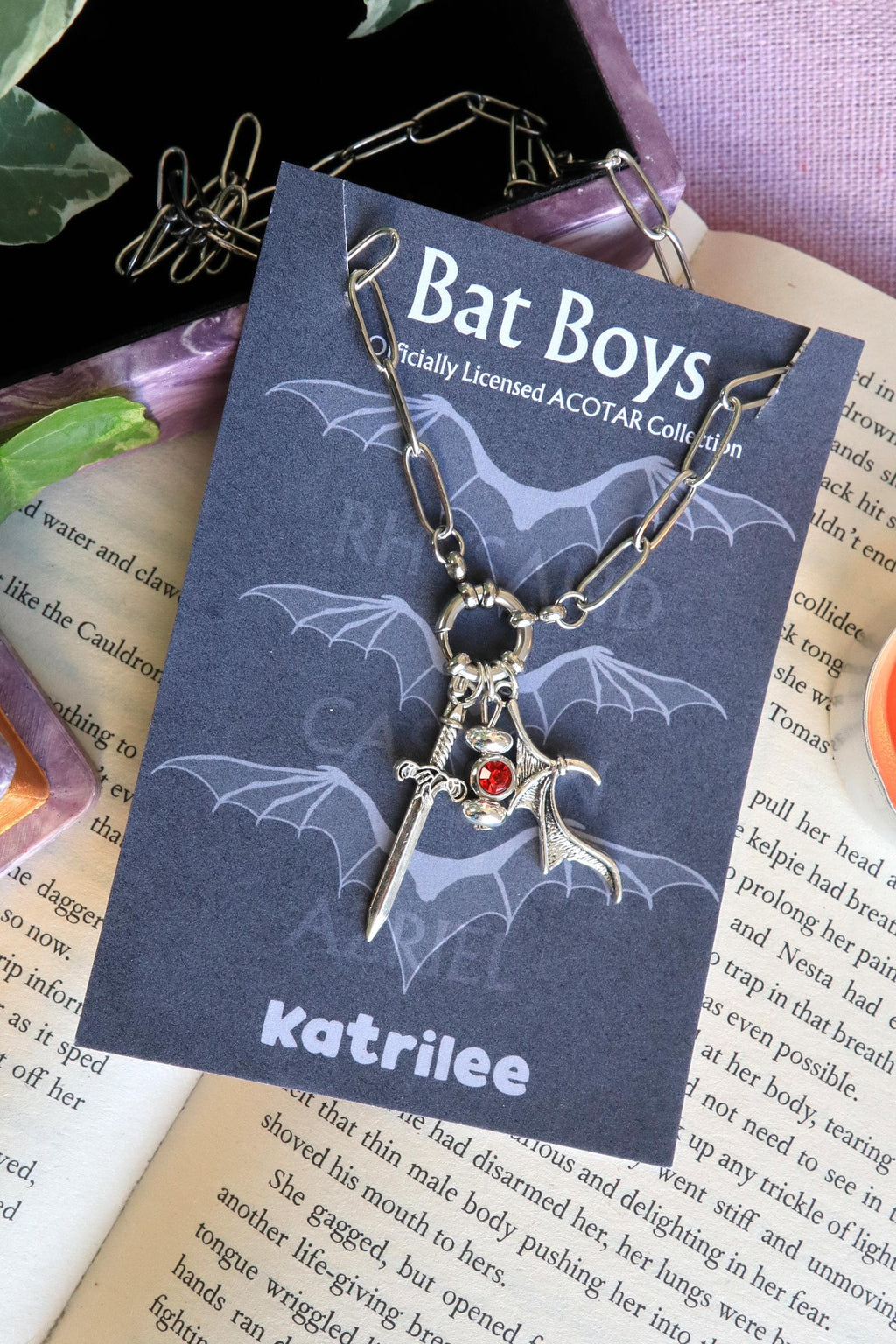 ACOTAR Officially Licenced Bat Boys Charm Necklace, Stainless Steel Pendant Necklace, Crystal Pendant, Azriel Rhysand Cassian, Bookish Merch