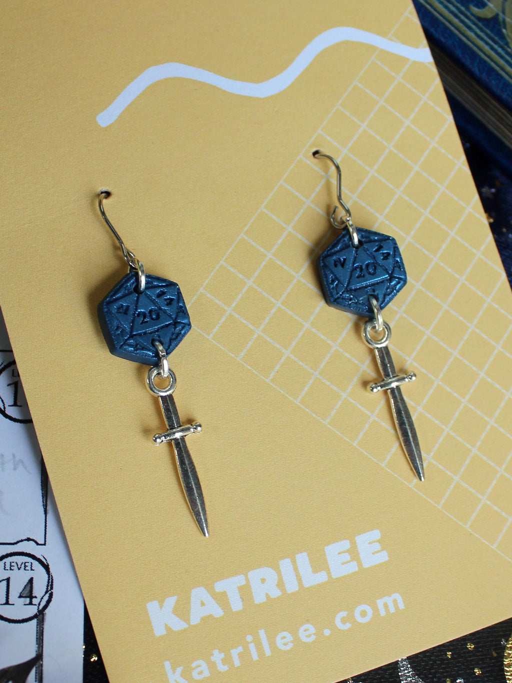 D20 Dice Sword Dangle Earrings, Polymer Clay, Dagger, Role Playing Games, DnD Board Games, Gothic, Fantasy, Dragon Dungeon Master Gifts