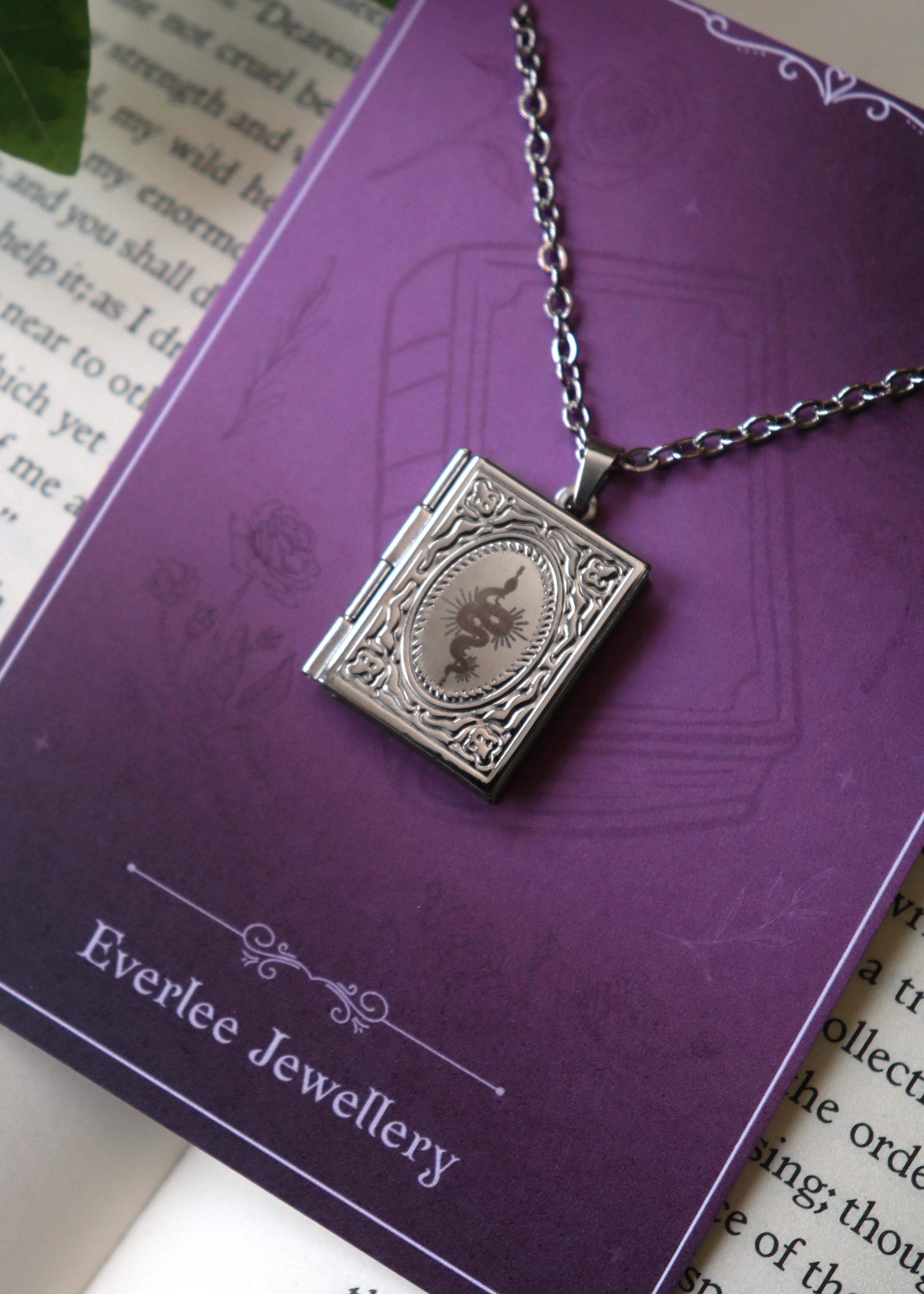Snake Book Locket necklace, Witchy pendant necklace, silver gold stainless steel, bookish reader gift