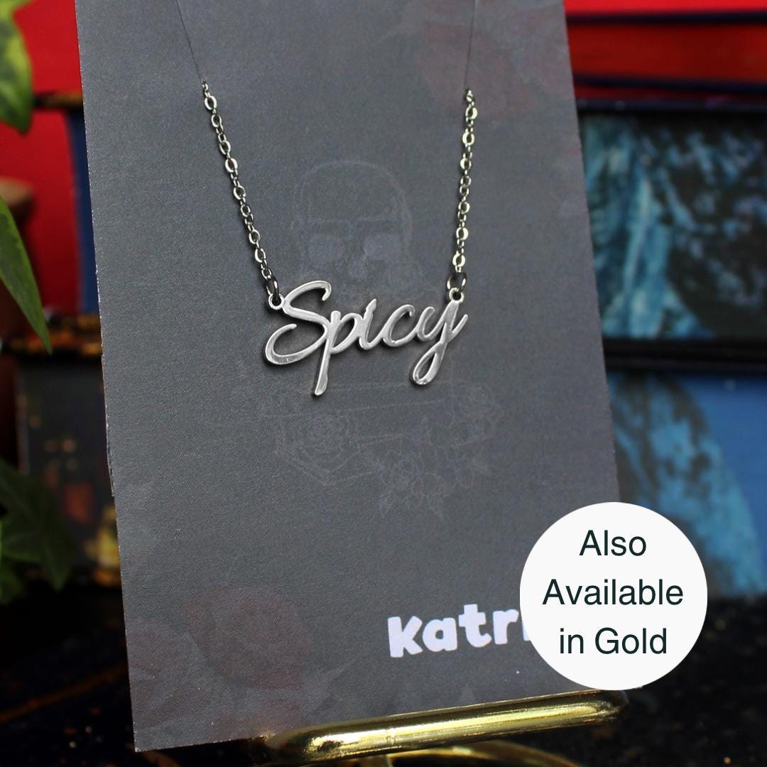 Spicy Stainless Steel Necklace, book bestie gift, laser cut name necklace, gold silver, bookish merch, gift for reader, booktok bookstagram