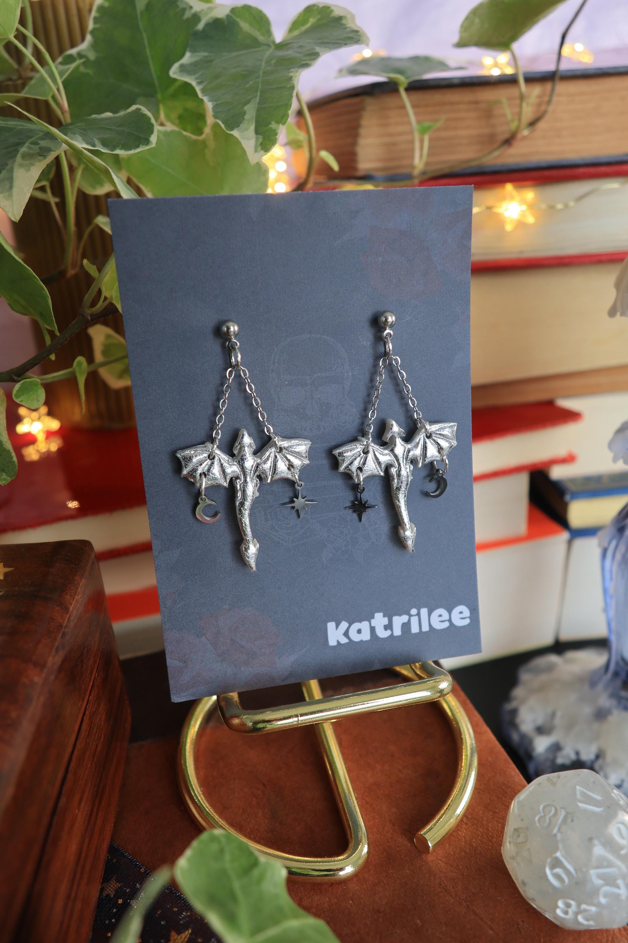 Silver Dragon Dangle Earrings: Stainless Steel Star Moon Studs