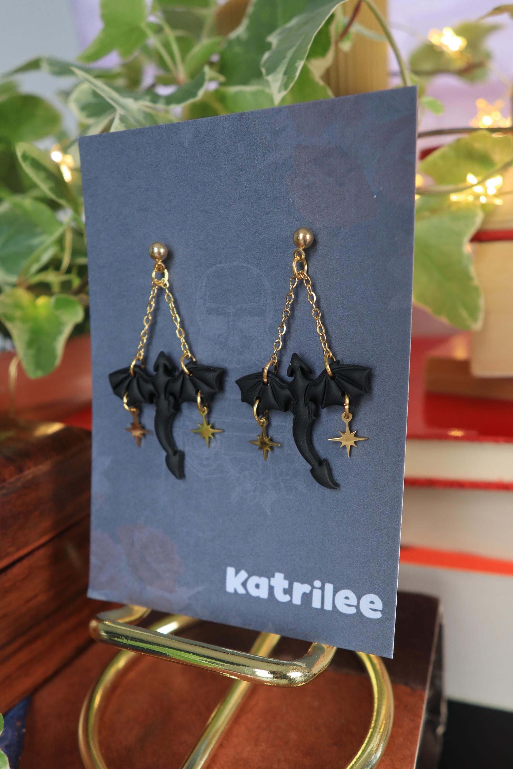 Black Dragon Dangle Earrings, Star and Moon Stainless Steel Studs, Polymer Clay, Wyvern Fantasy Celestial Bookish Gothic Witchy Gift For Her