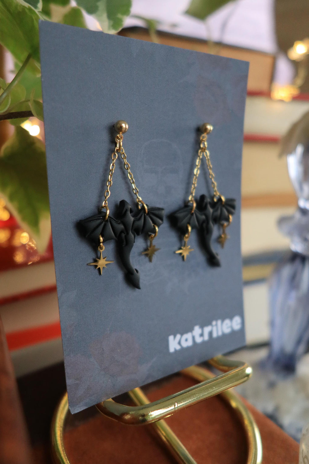 Black Dragon Dangle Earrings, Star and Moon Stainless Steel Studs, Polymer Clay, Wyvern Fantasy Celestial Bookish Gothic Witchy Gift For Her