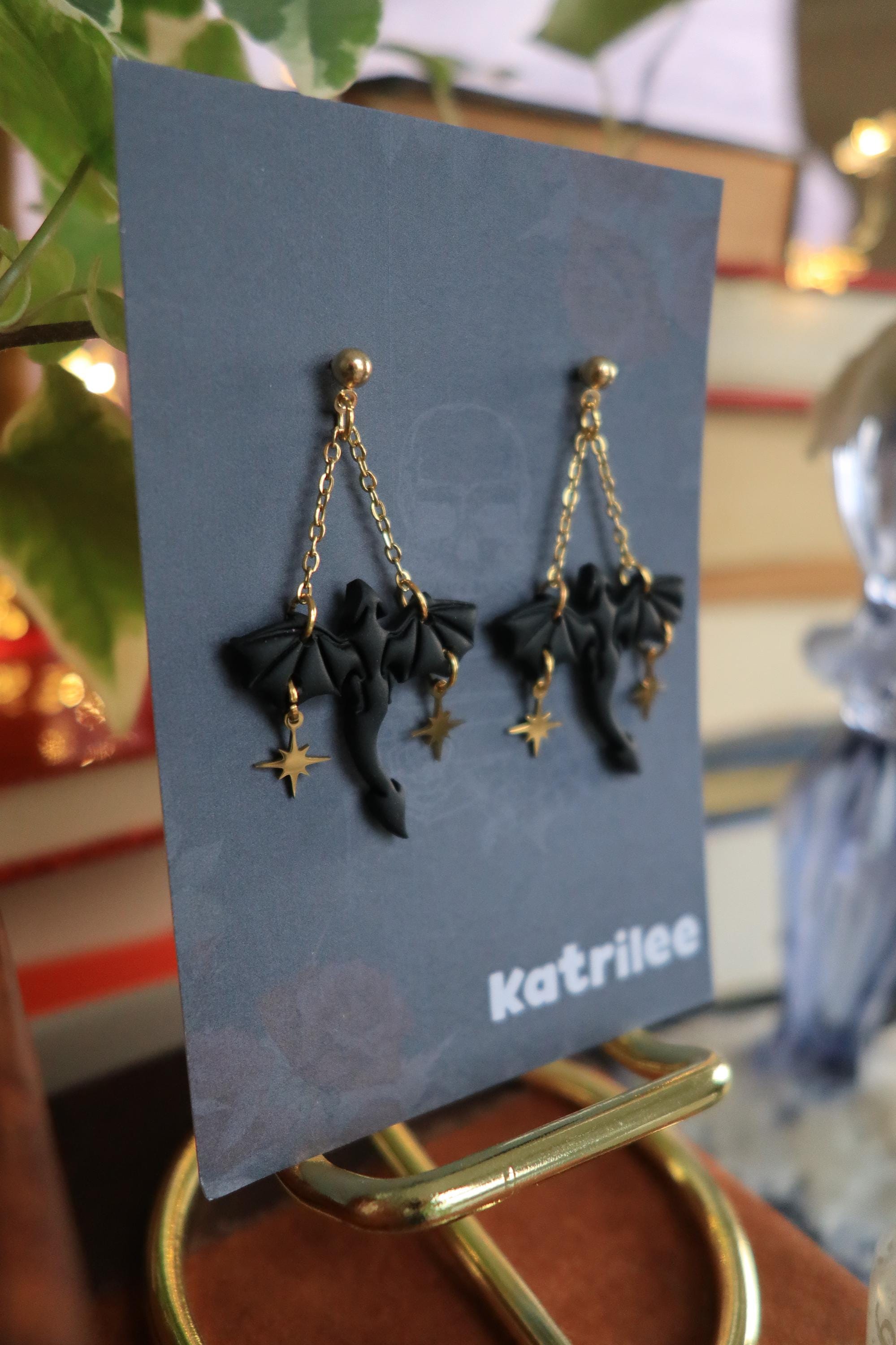 Black Dragon Dangle Earrings, Star and Moon Stainless Steel Studs, Polymer Clay, Wyvern Fantasy Celestial Bookish Gothic Witchy Gift For Her