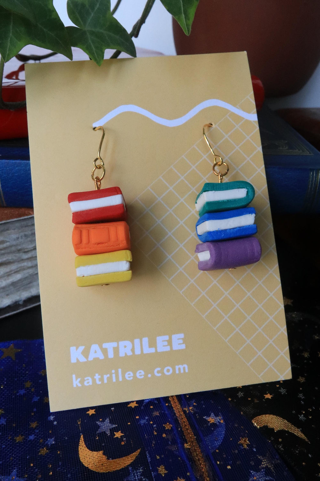 Book Stack Polymer Clay Dangle Earrings, Handmade Rainbow Bookish Earrings, Pastel Black Monochrome Reader Book Lover, Surgical Steel, Pride