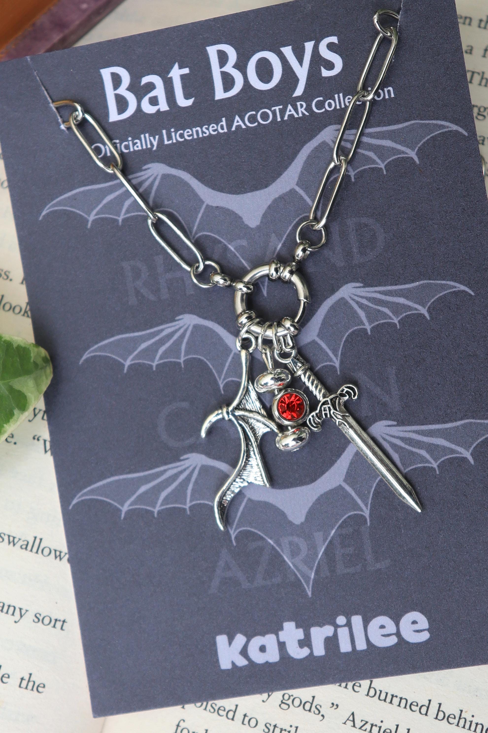 ACOTAR Officially Licenced Bat Boys Charm Necklace, Stainless Steel Pendant Necklace, Crystal Pendant, Azriel Rhysand Cassian, Bookish Merch