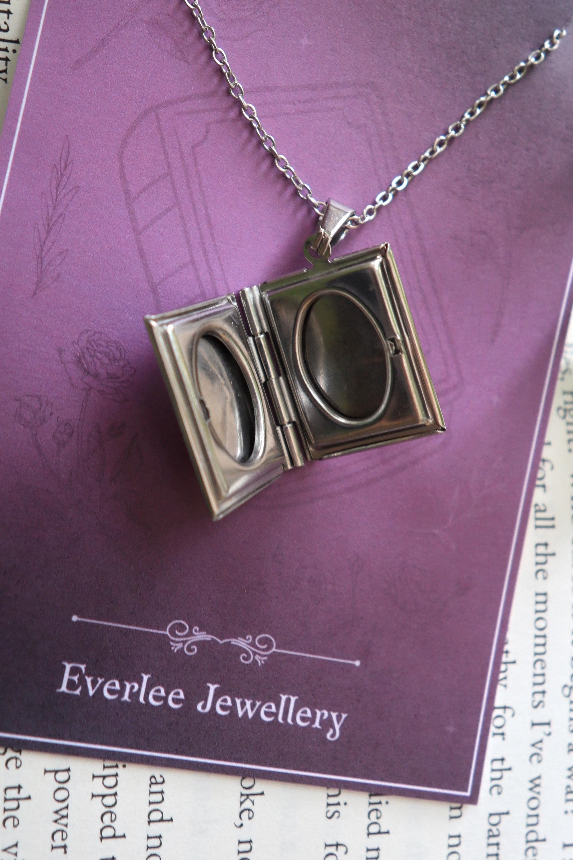 Personalised Book Locket necklace, monogram name pendant necklace, silver gold stainless steel, bookish reader gift, picture locket