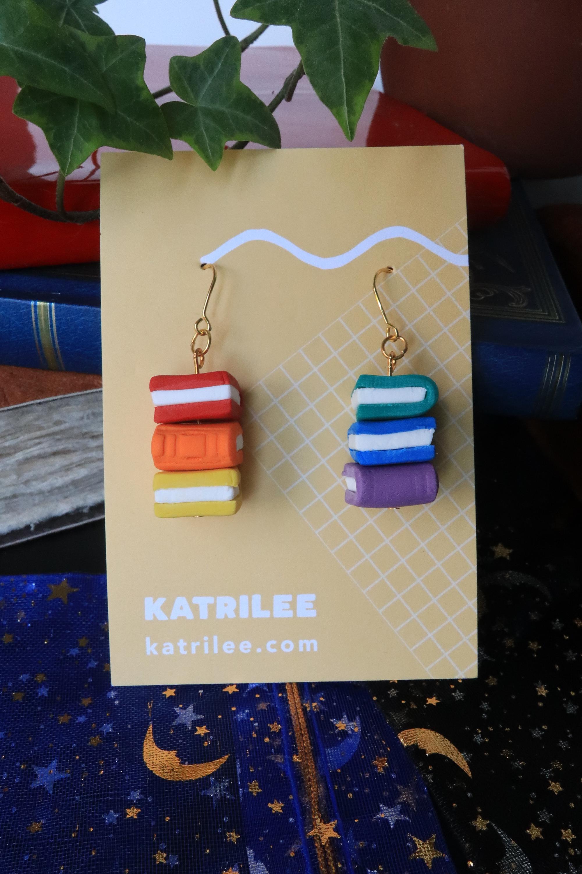 Book Stack Polymer Clay Dangle Earrings, Handmade Rainbow Bookish Earrings, Pastel Black Monochrome Reader Book Lover, Surgical Steel, Pride