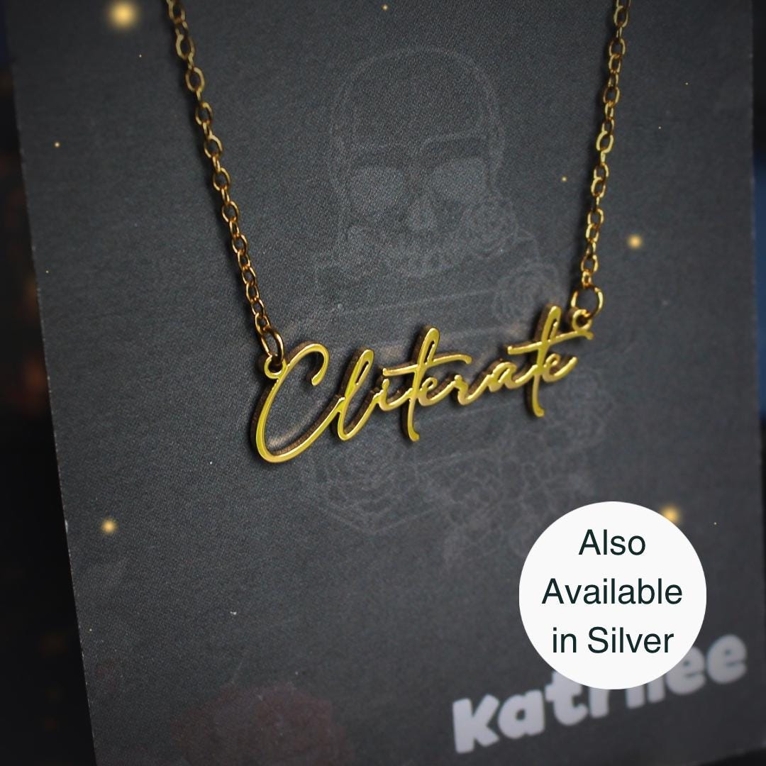 Cliterate Stainless Steel Dark Romance Necklace, book bestie, laser cut name necklace, gold silver, bookish merch gift for reader booktok