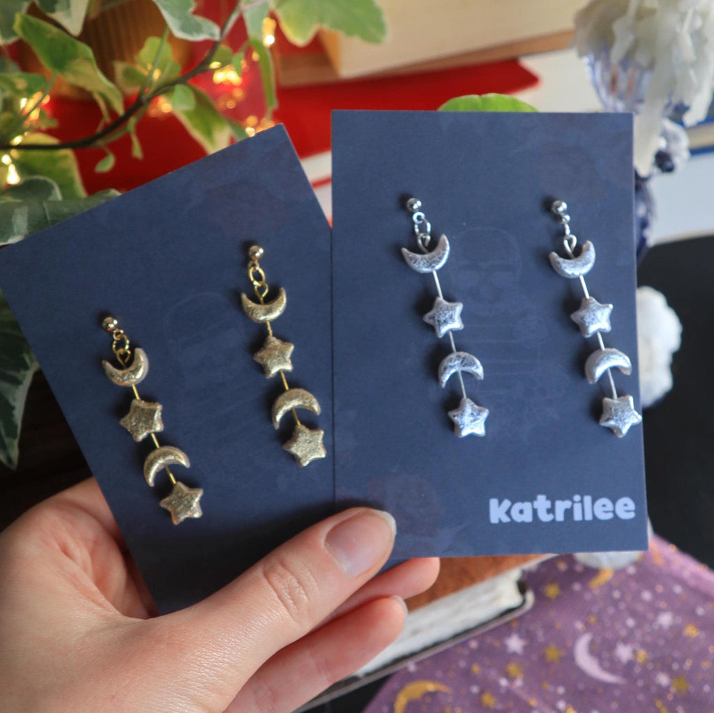 Star and Moon Dangle Earrings: Polymer Clay Celestial Jewellery