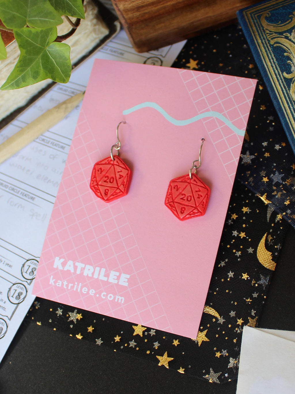 D20 Dice Dangle Earrings, Polymer Clay, Role Playing Games, DnD Board Games, Gothic, Fantasy, Dragon Dungeon Game Geeky Dungeon Master Gifts