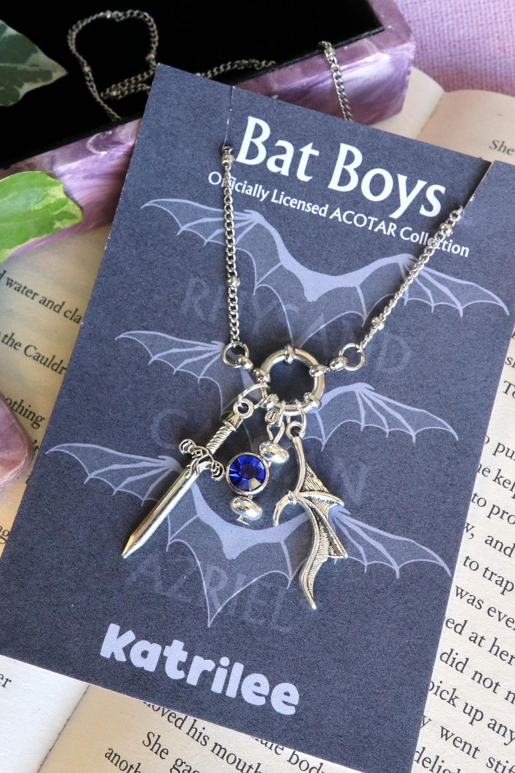 ACOTAR Officially Licenced Bat Boys Charm Necklace, Stainless Steel Pendant Necklace, Crystal Pendant, Azriel Rhysand Cassian, Bookish Merch