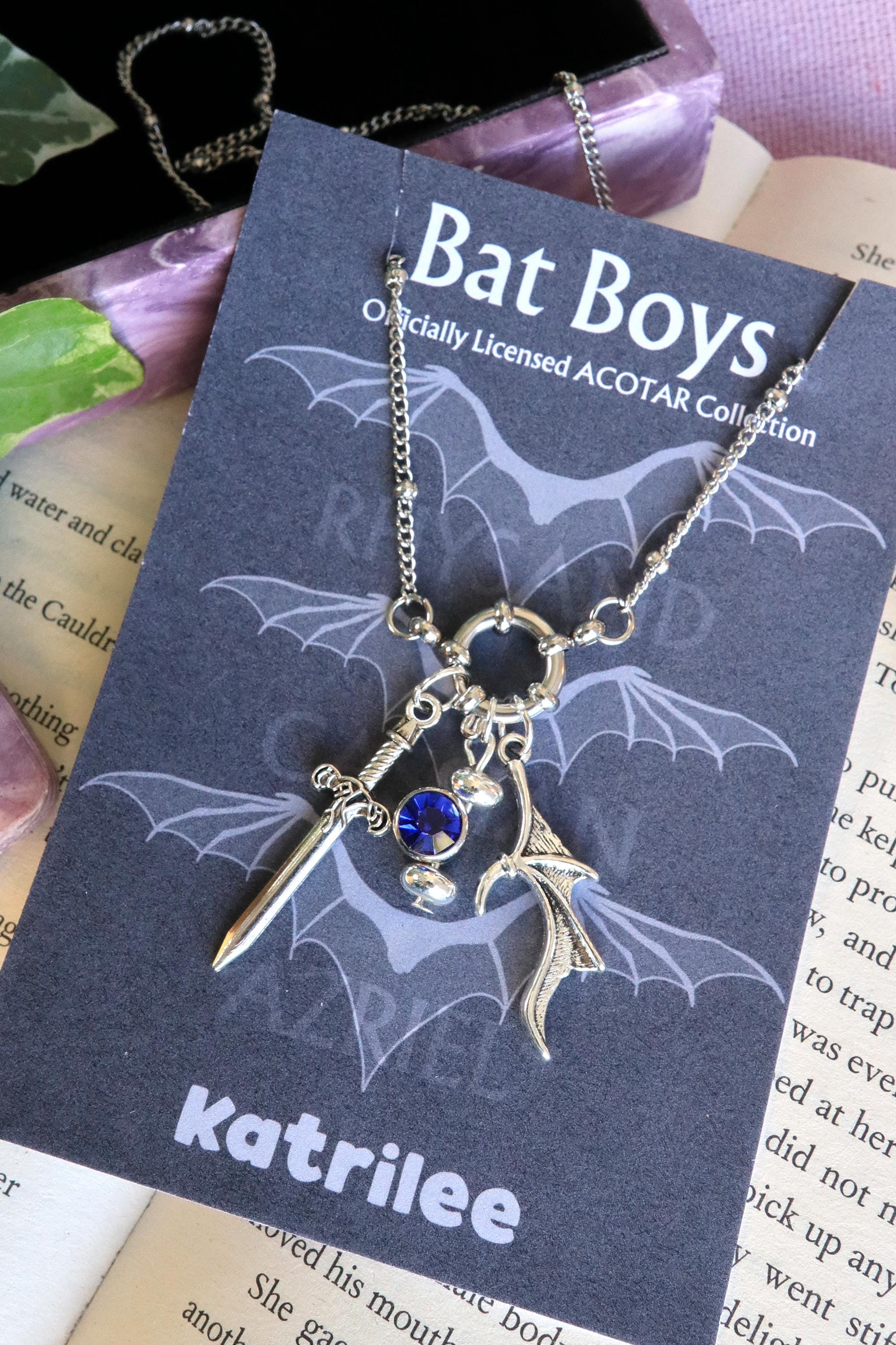 ACOTAR Officially Licenced Bat Boys Charm Necklace, Stainless Steel Pendant Necklace, Crystal Pendant, Azriel Rhysand Cassian, Bookish Merch