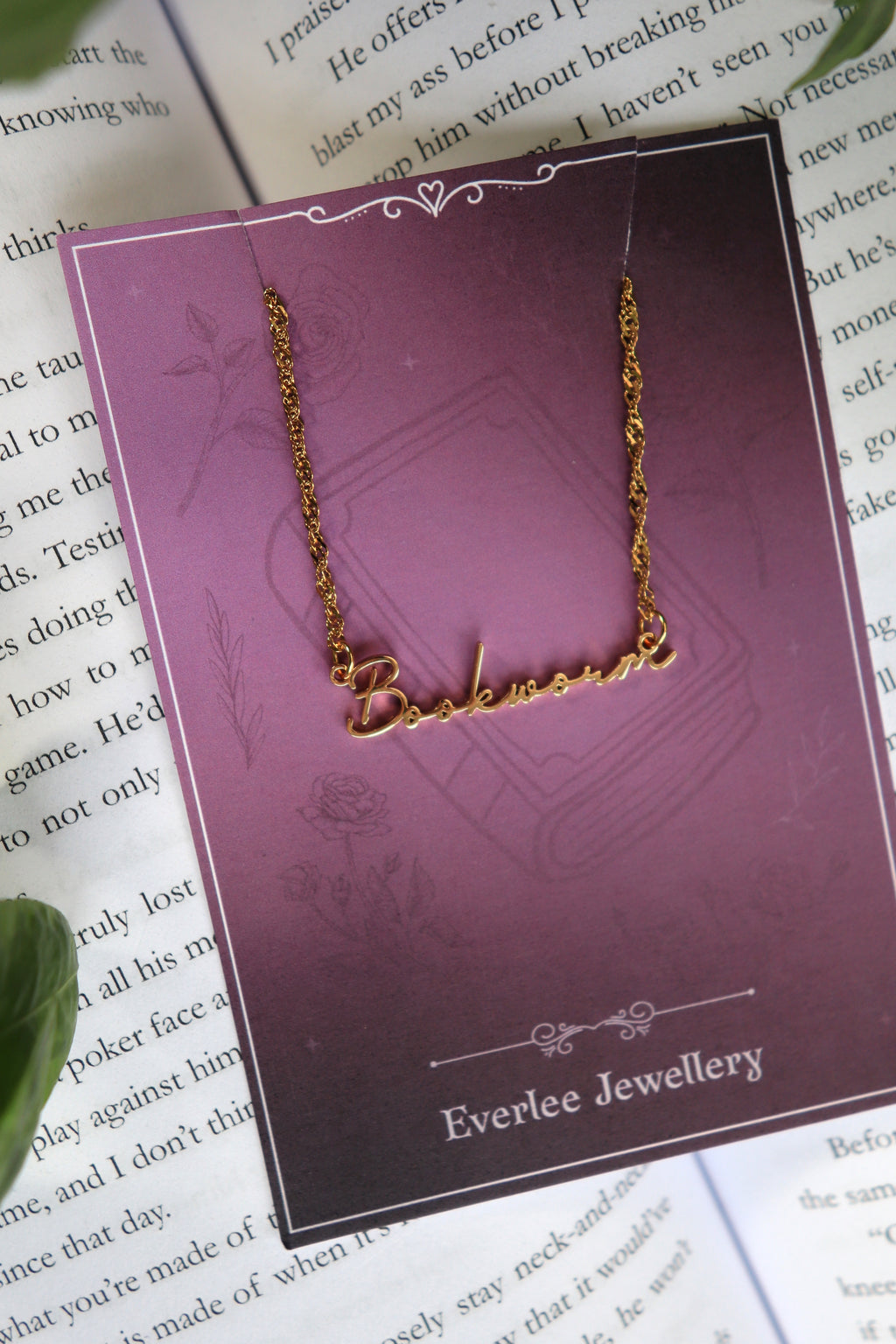 Bookworm Name Necklace Gold and Silver Stainless Steel