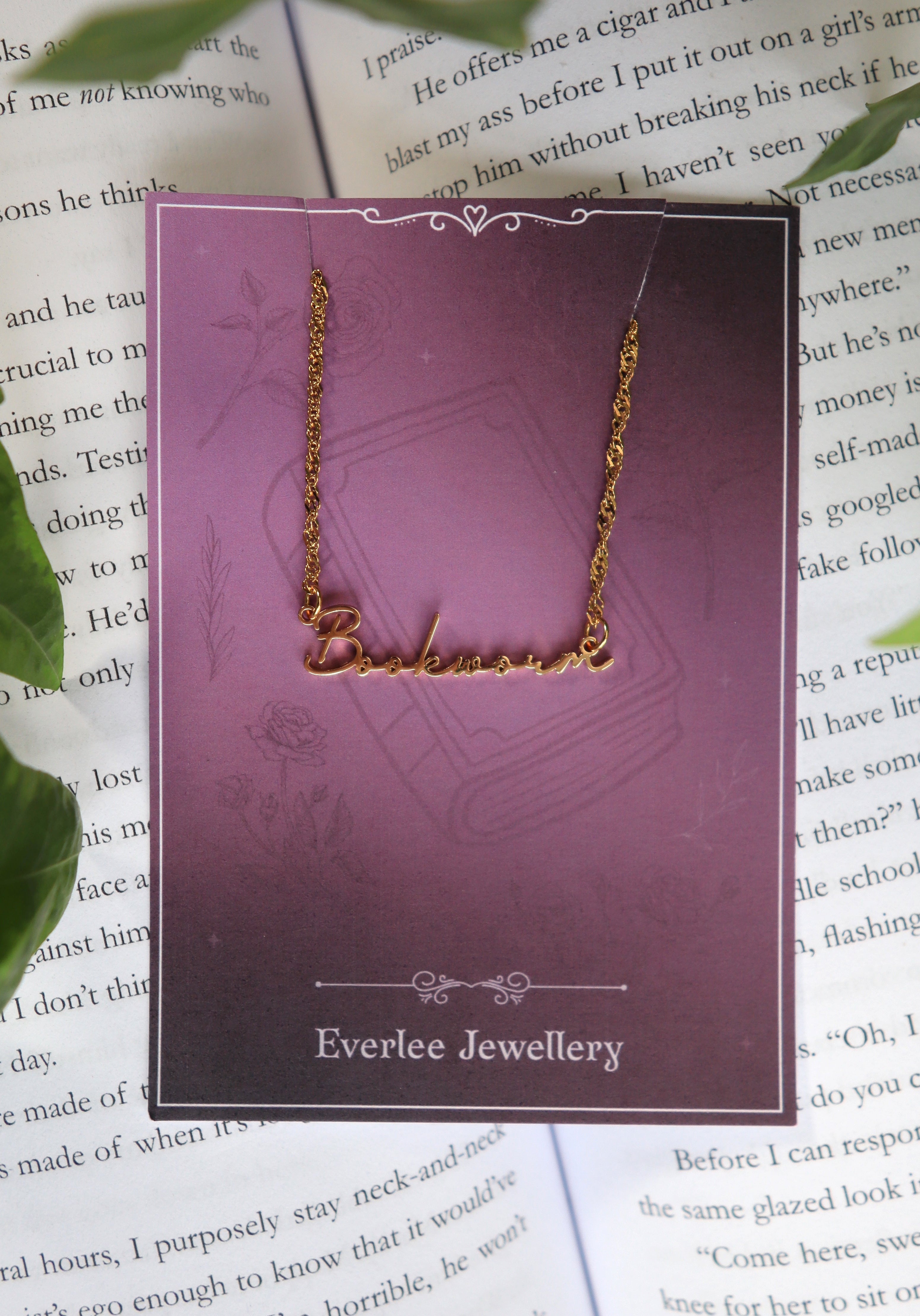 Bookworm Name Necklace Gold and Silver Stainless Steel