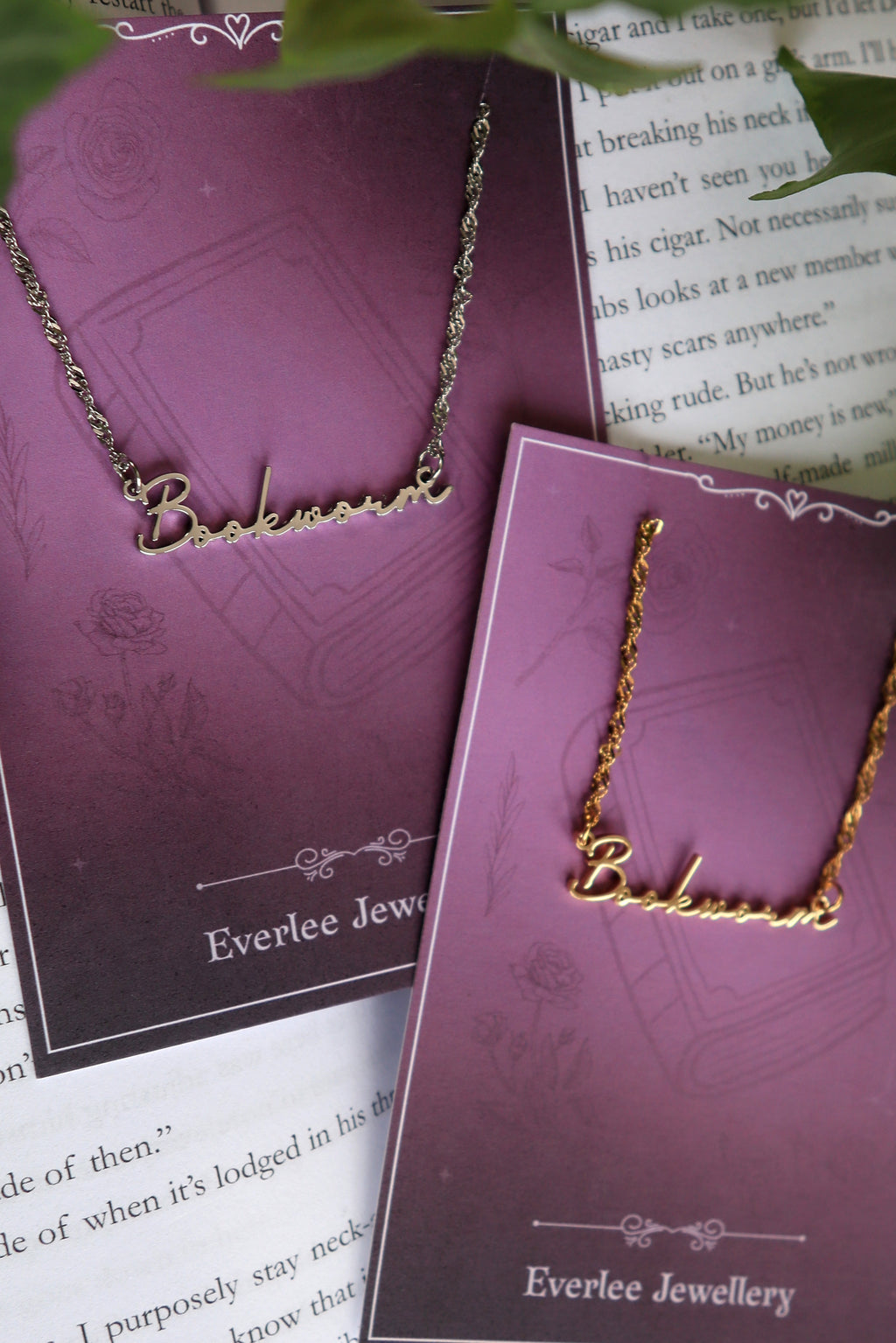 Bookworm Name Necklace Gold and Silver Stainless Steel