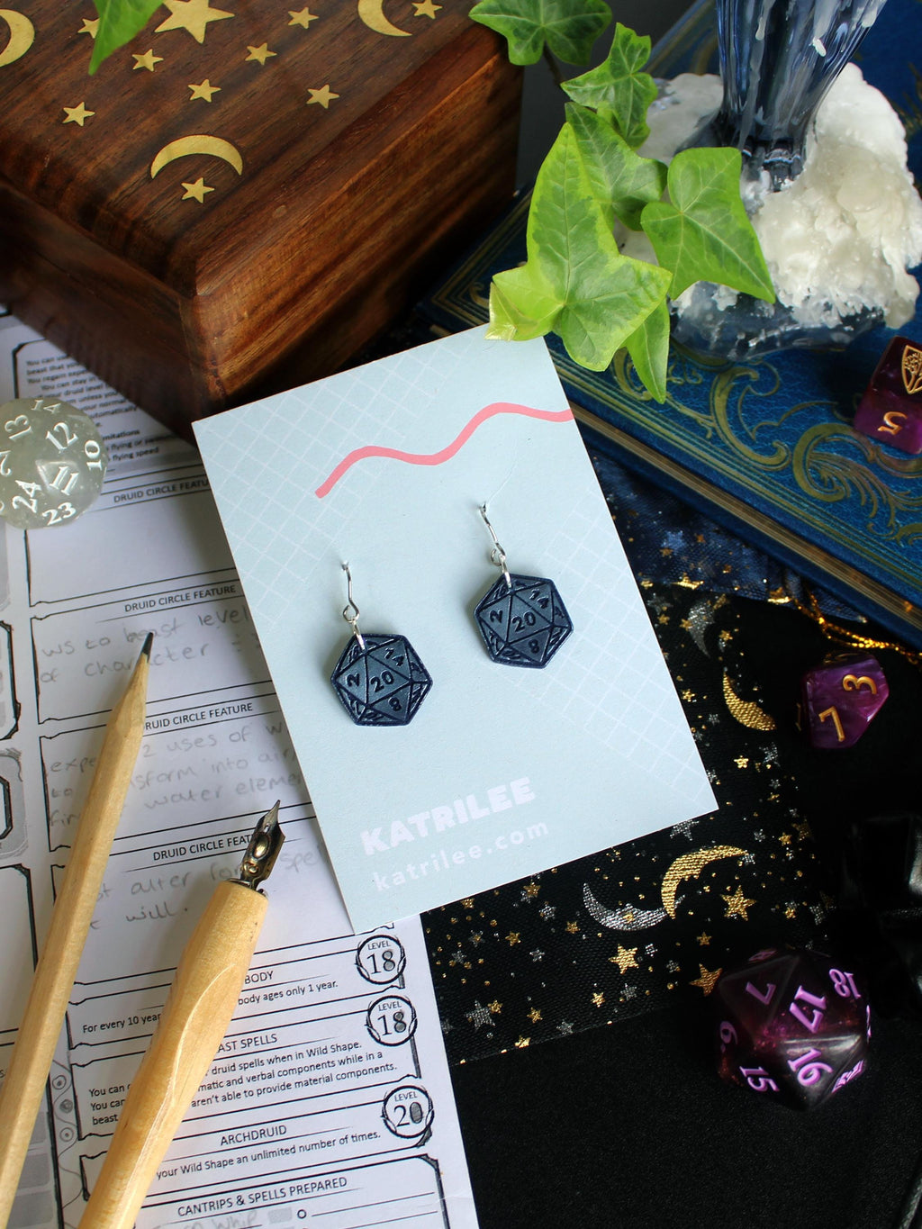 D20 Dice Dangle Earrings, Polymer Clay, Role Playing Games, DnD Board Games, Gothic, Fantasy, Dragon Dungeon Game Geeky Dungeon Master Gifts