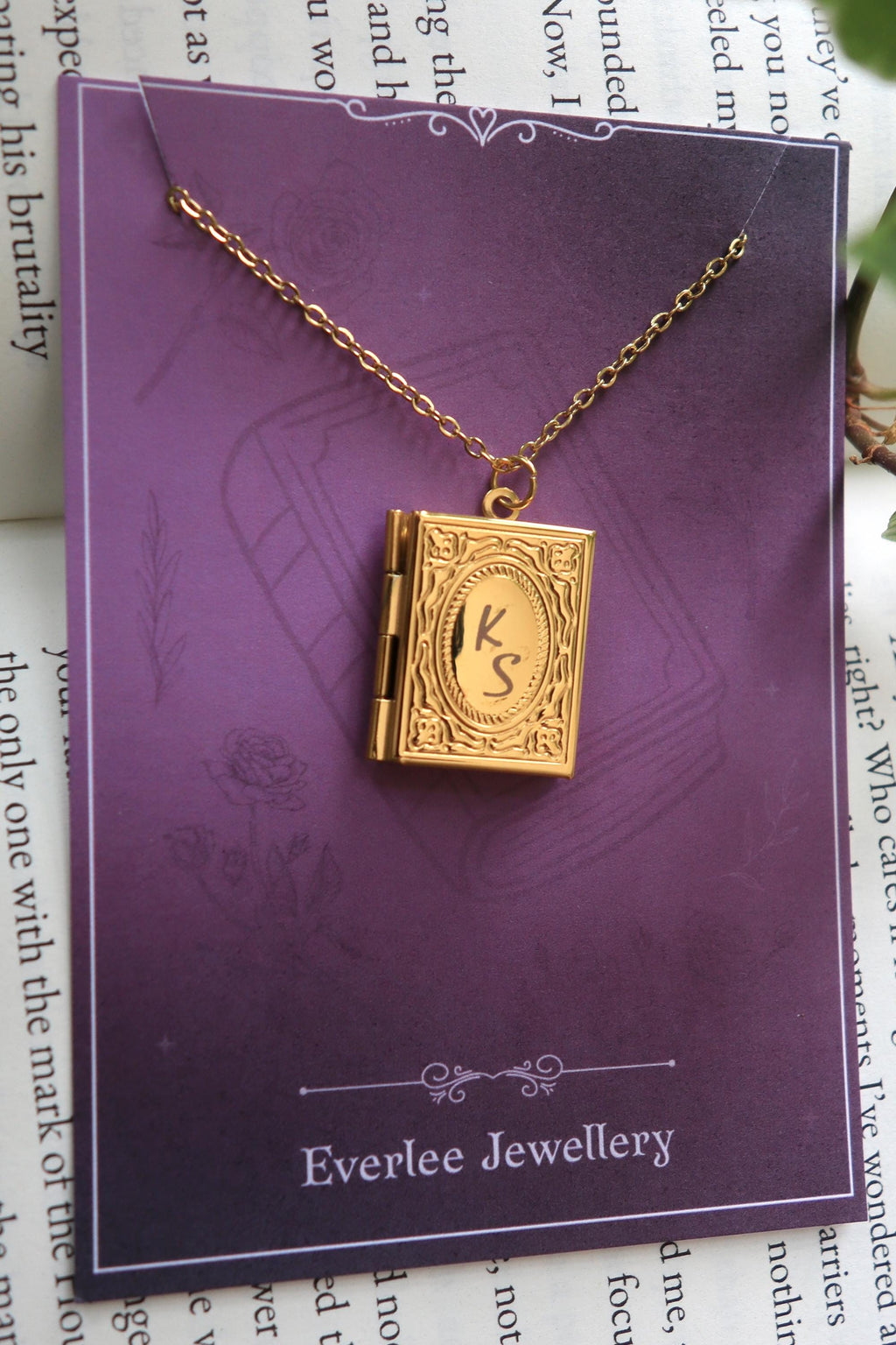 Personalised Book Locket necklace, monogram name pendant necklace, silver gold stainless steel, bookish reader gift, picture locket